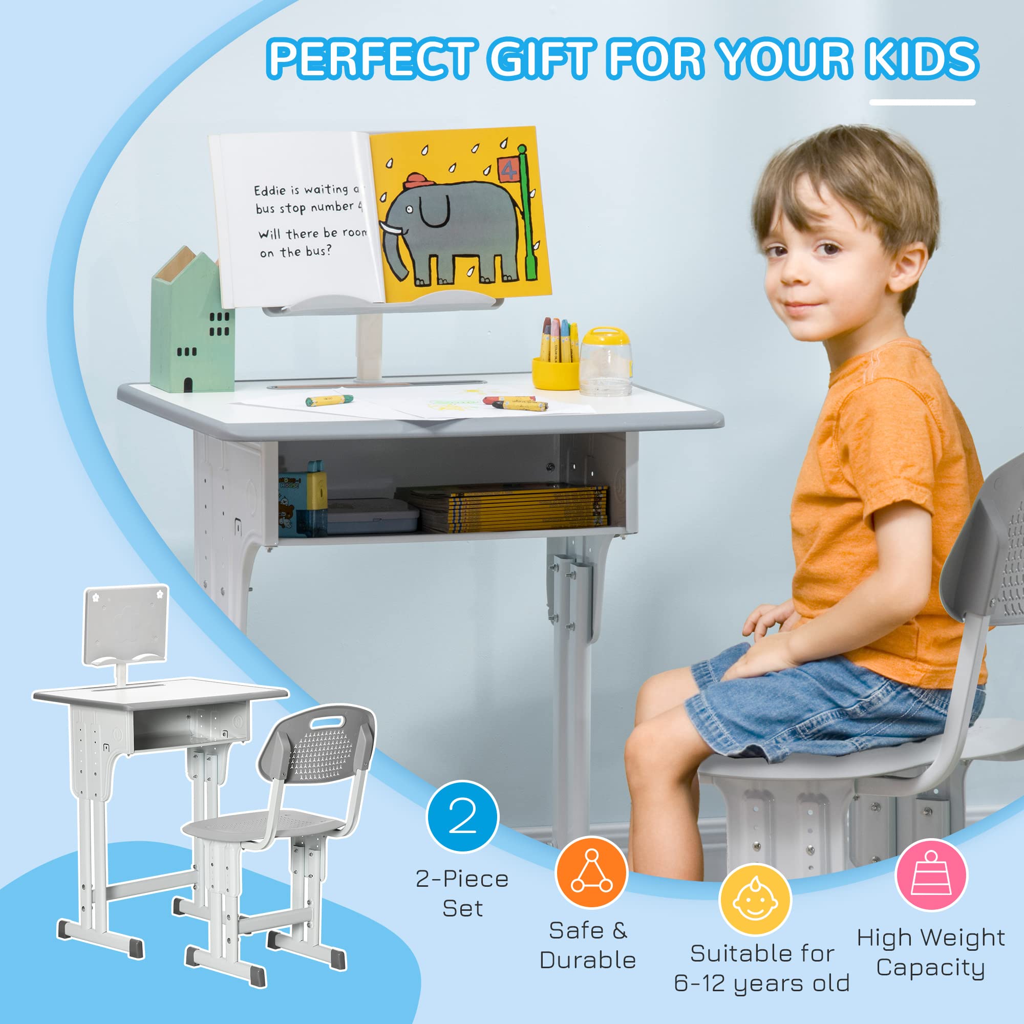 HOMCOM Kids Desk and Chair Set Adjustable Height Study Table w/Drawer, Book Stand, Hook | Ages 6-12 3