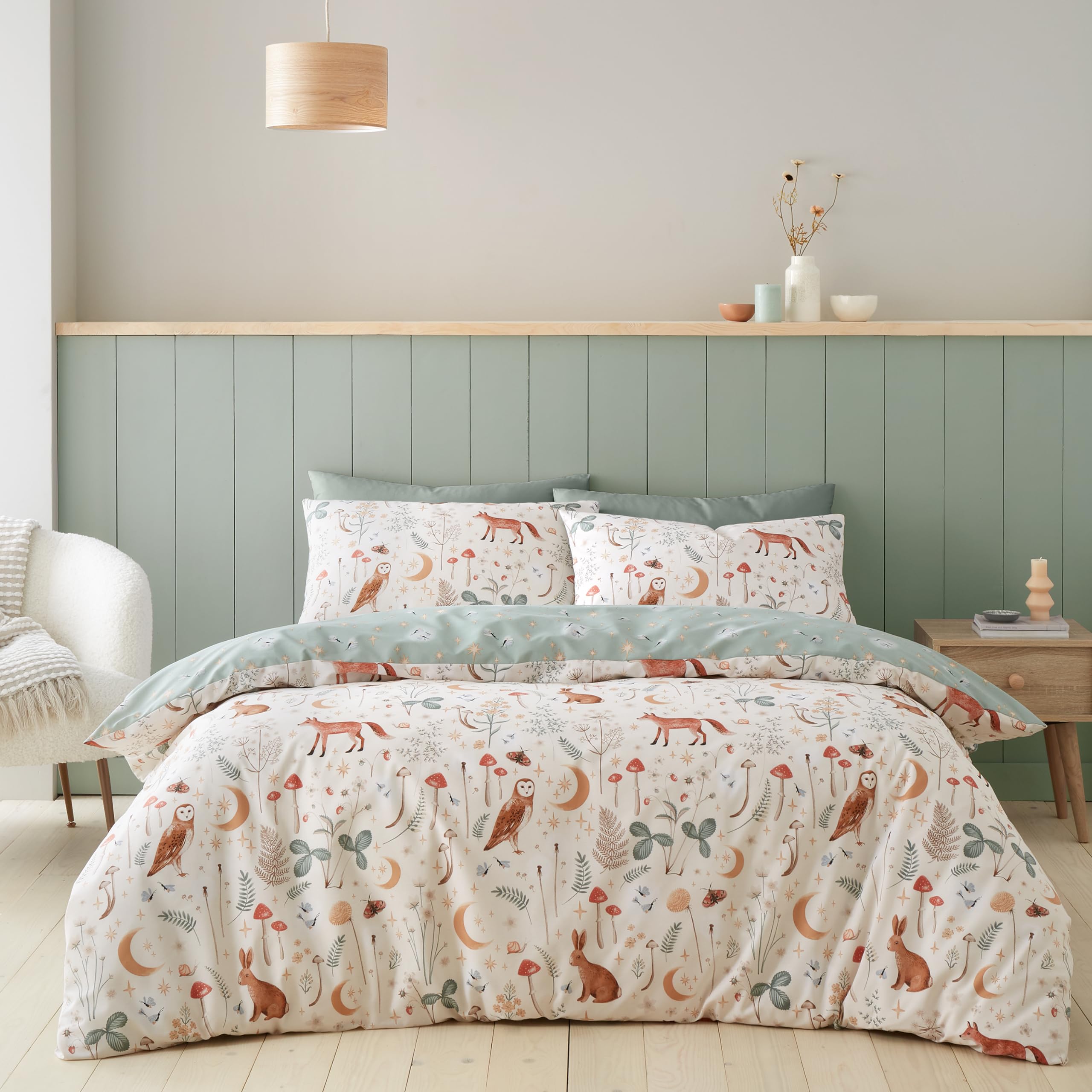 Catherine Lansfield Enchanted Twilight Animals Reversible King Duvet Cover Set with Pillowcases, Natural 1