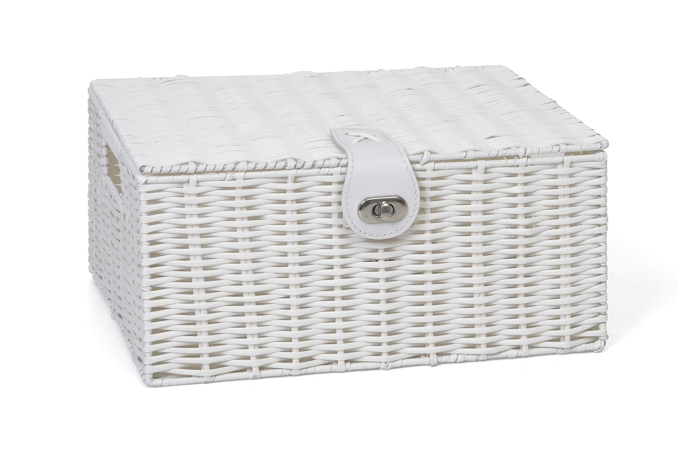 ARPAN Medium Resin Woven Storage Basket with Lid & Lock | White | 33cm W x 24cm D 1