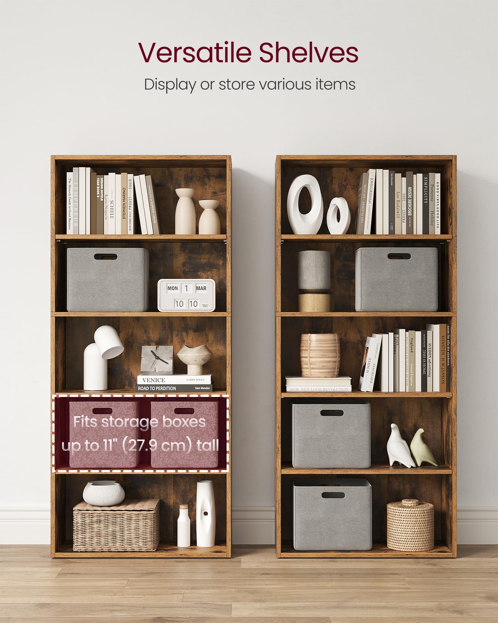VASAGLE 5-Tier Bookcase Storage Shelving Unit | Rustic Brown Engineered Wood | Adjustable Shelves 5