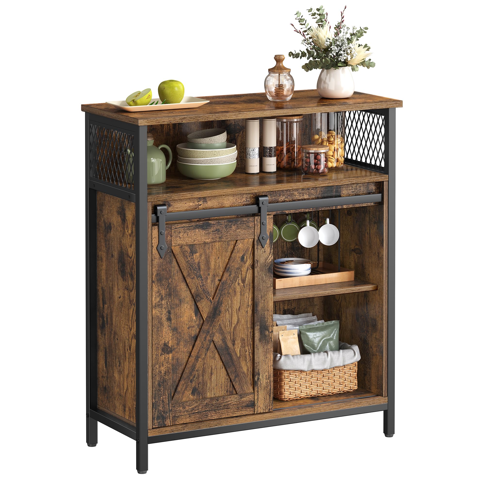 VASAGLE Industrial Style Sideboard Storage Cabinet with Sliding Barn Door | Rustic Brown & Black | 70x30x80 cm