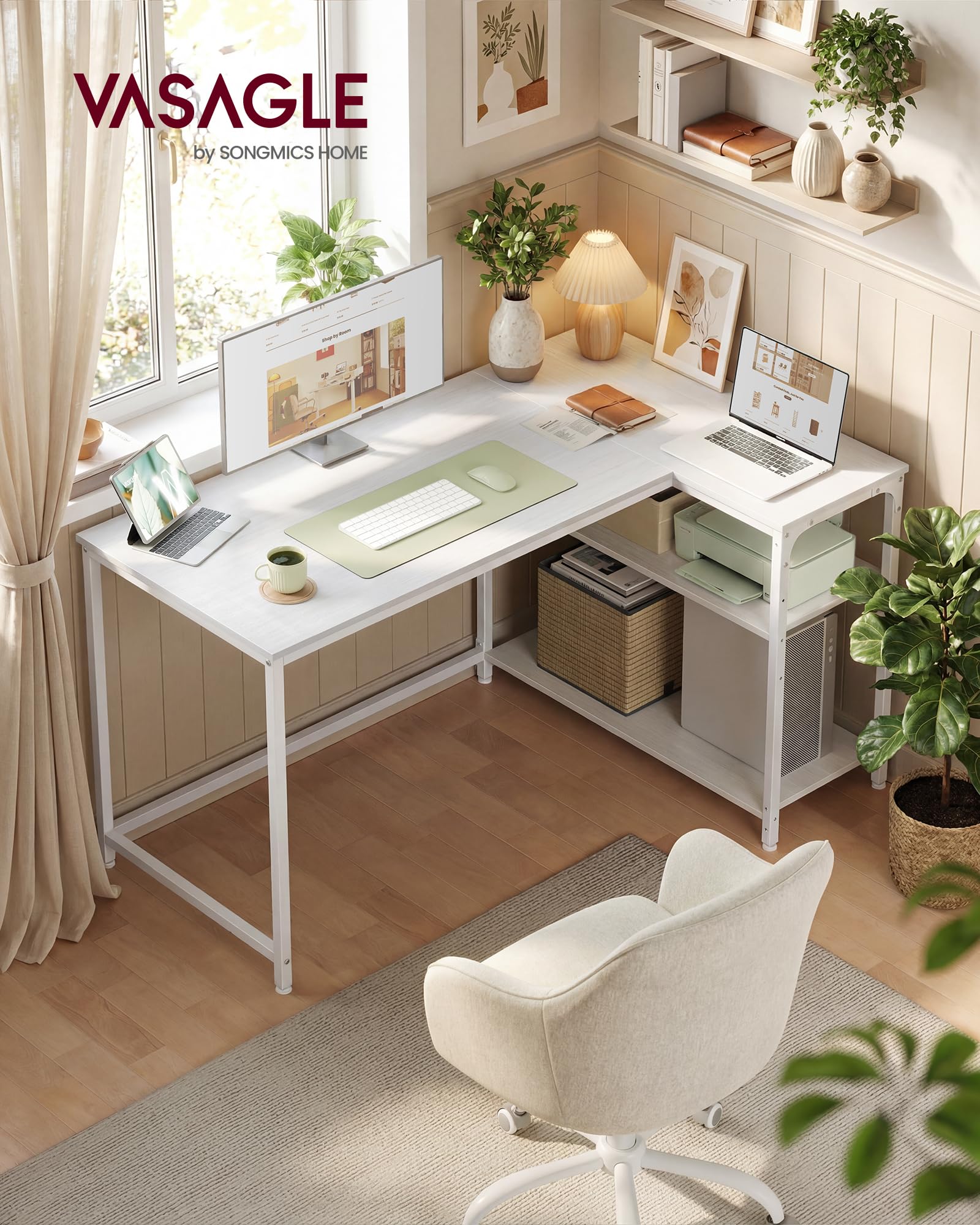 VASAGLE L-Shaped Corner Desk with Reversible Storage | Maple White | 120 x 80 cm