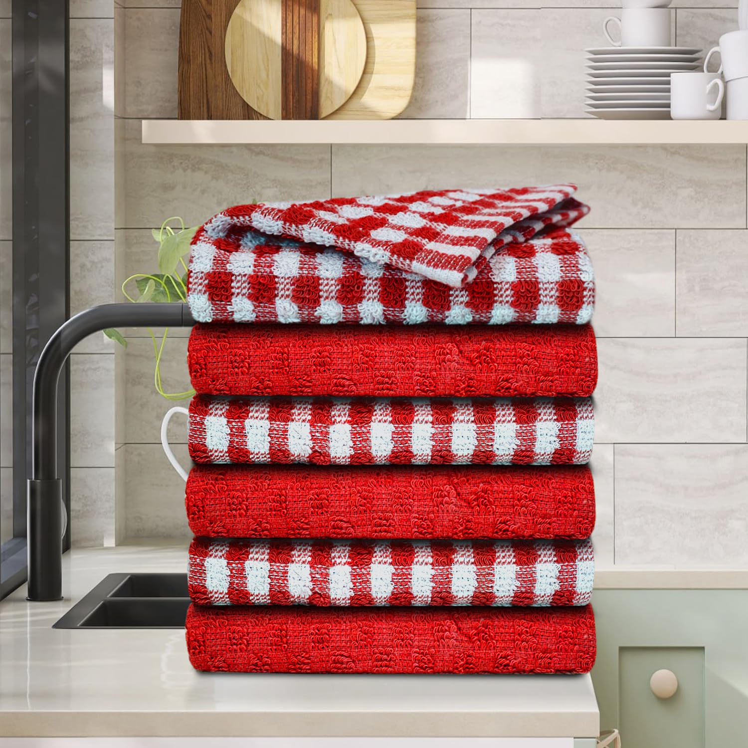 Casabella Pack of 6 Terry Cotton Kitchen Tea Towels - Highly Absorbent Dish & Bar Towels | Red 8