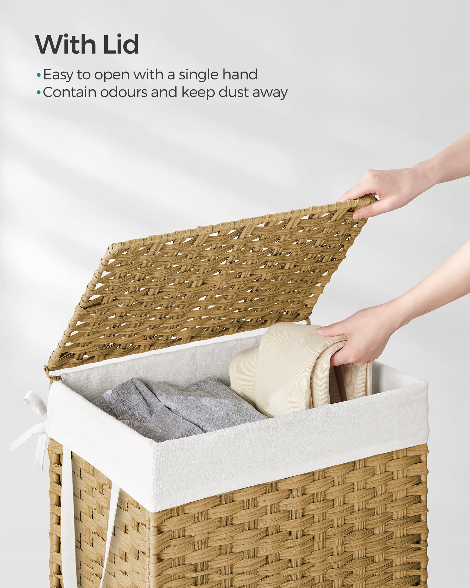 SONGMICS 90L Synthetic Rattan Laundry Basket with Lid and Handles | Foldable | Natural Colour 3