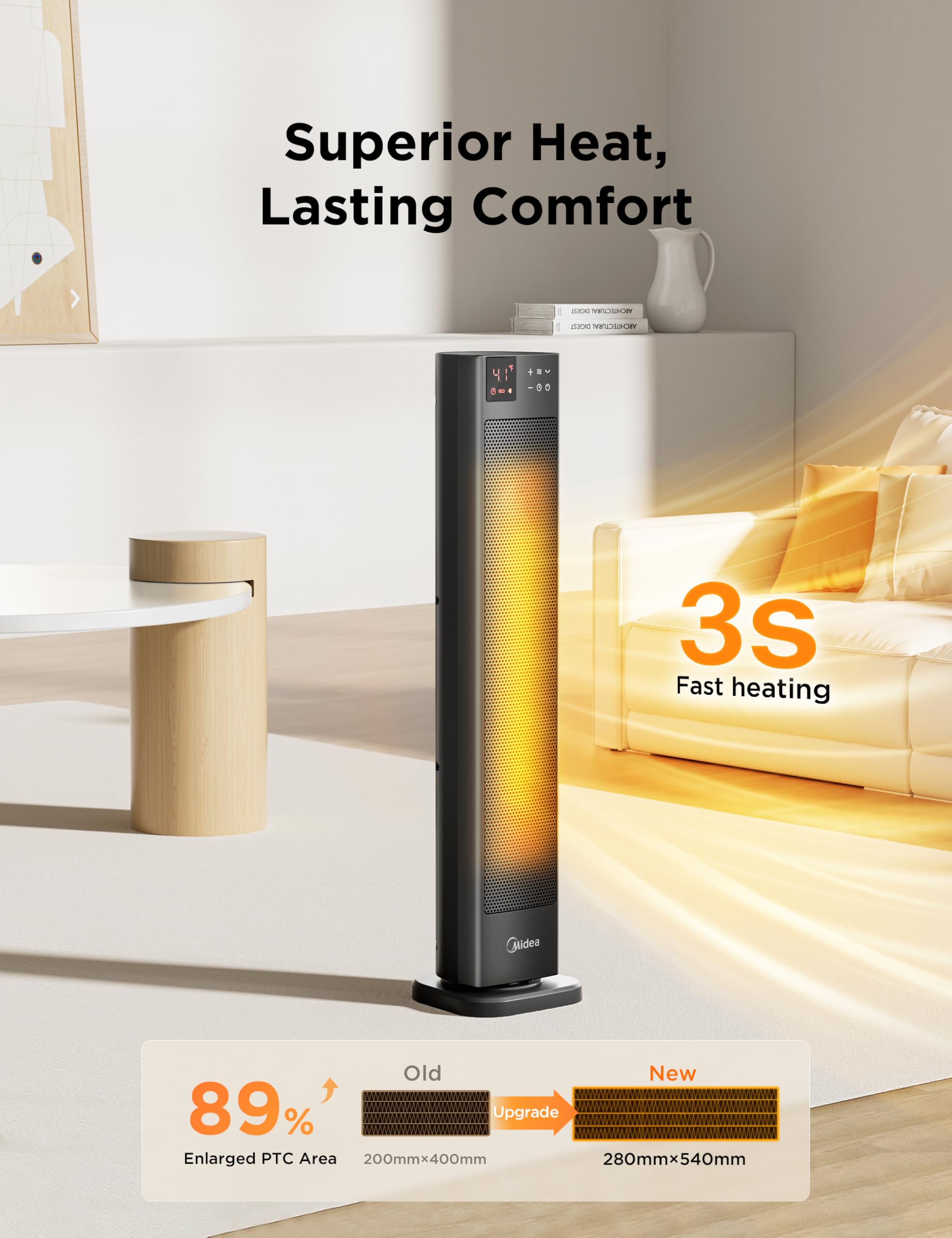 Midea 30 Inch Tower Ceramic Heater - 2000W, 75° Oscillation, Remote Control, 24H Timer 2