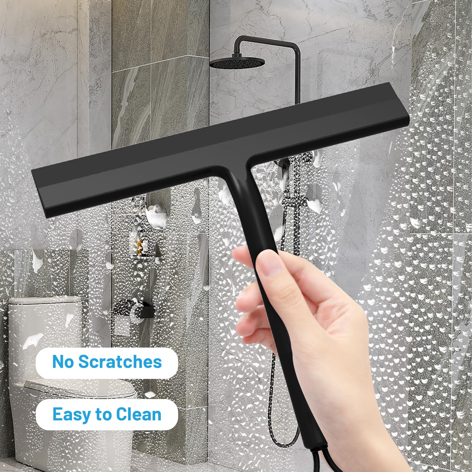 MOXYOY Shower Squeegee - Rust-Resistant Silicone Blade | Black | 23L x 19W cm 2