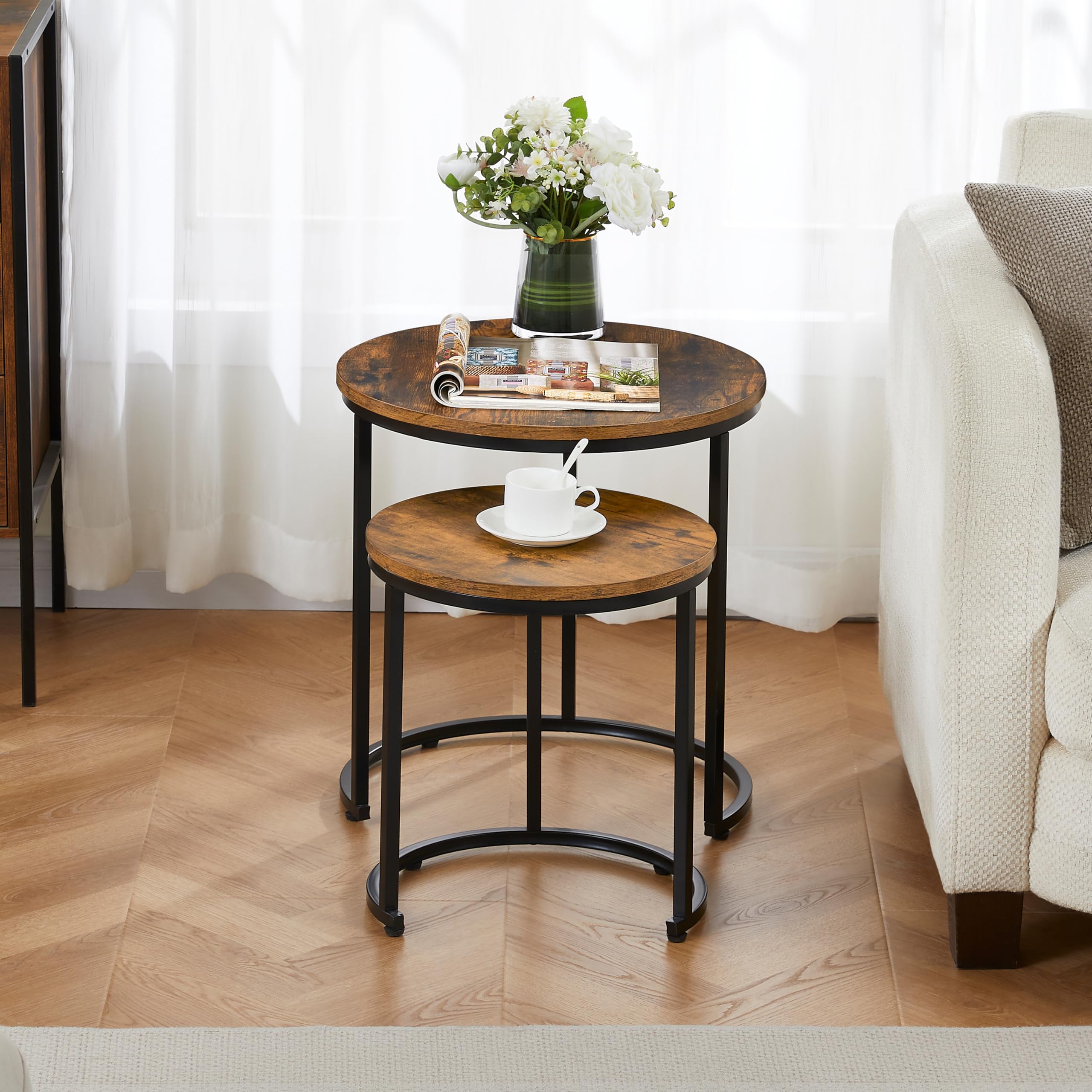 Vida Designs Brooklyn Nest of 2 Round Tables - Industrial Style | Dark Wood | Space Saving 4