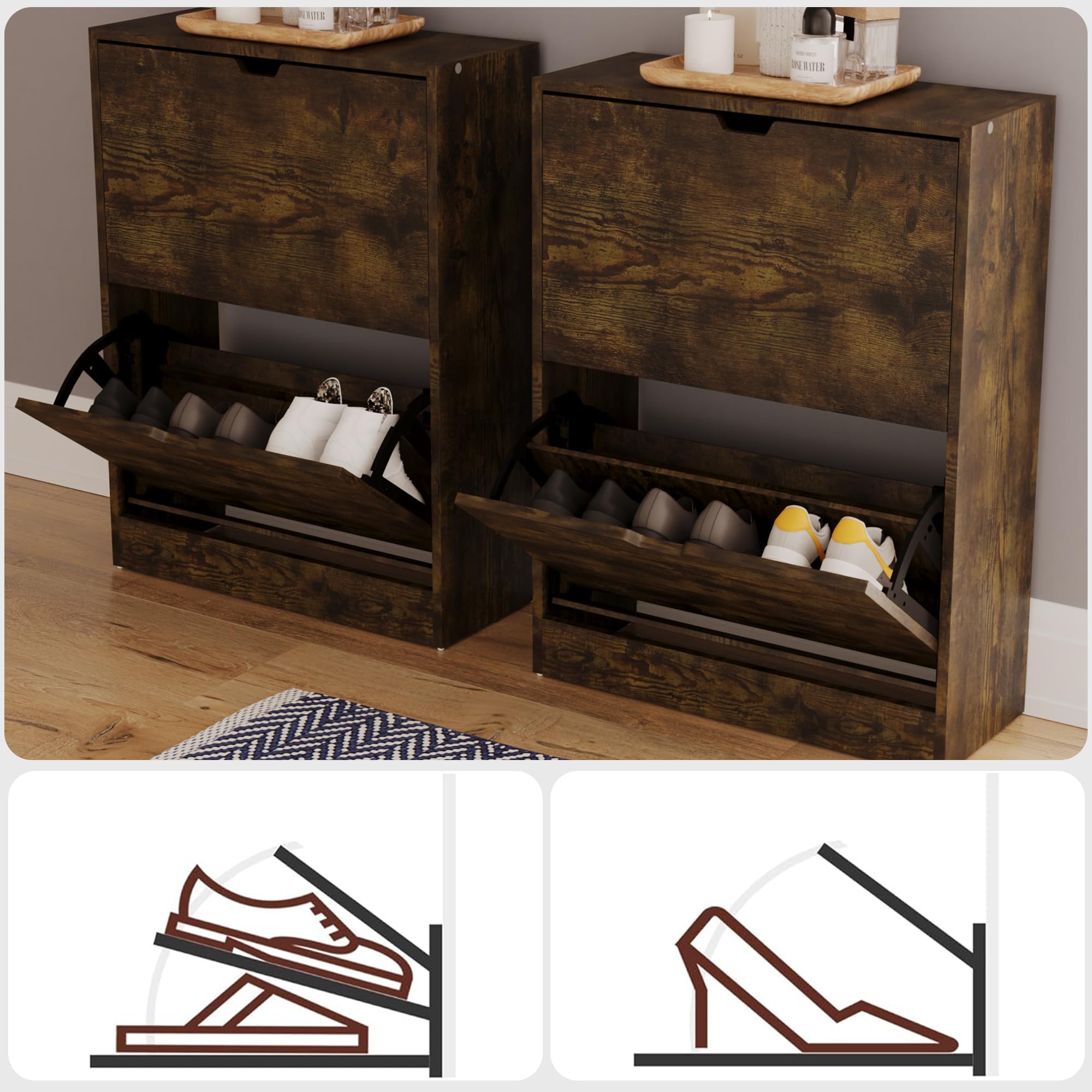 Vida Designs Wooden Shoe Cabinet - 2 Flip Drawers | Space-Saving Slim Design | Dark Wood 5