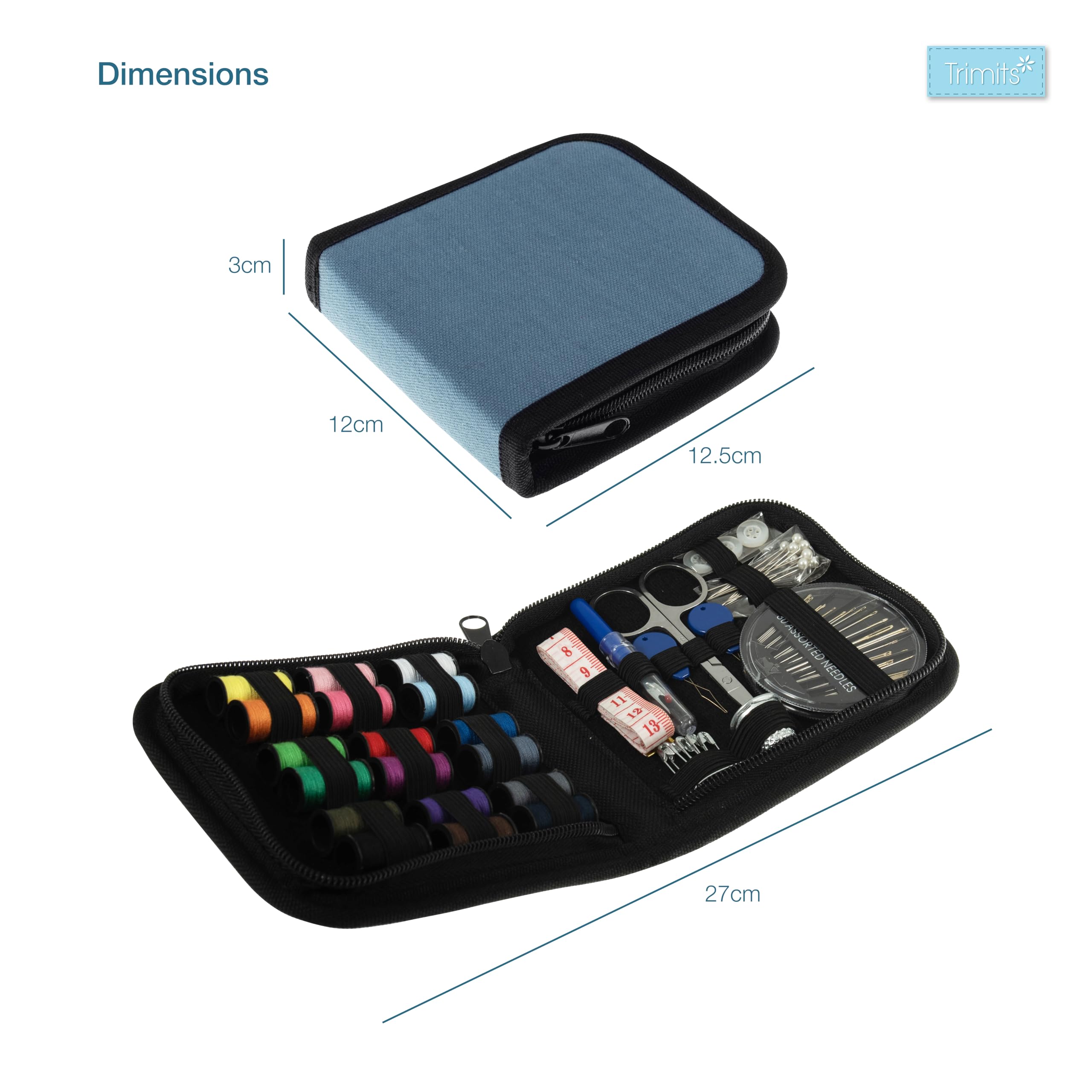 Trimits Travel Sewing Kit - Compact Blue Polyester Case for Home Repairs & DIY | Model JE10 7