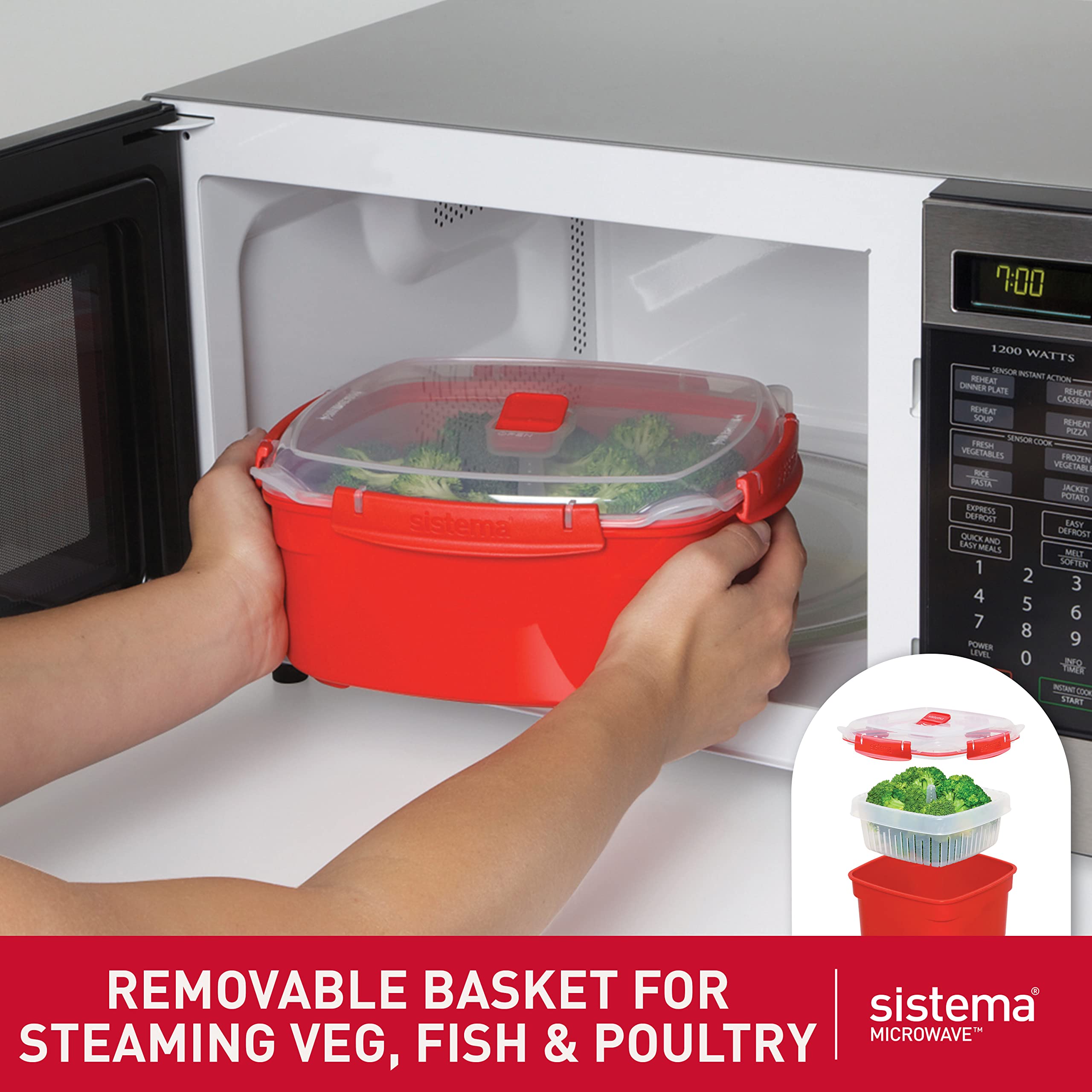 Sistema Microwave Food Steamer with Removable Basket | 3.2 L Capacity | Red/Clear 4