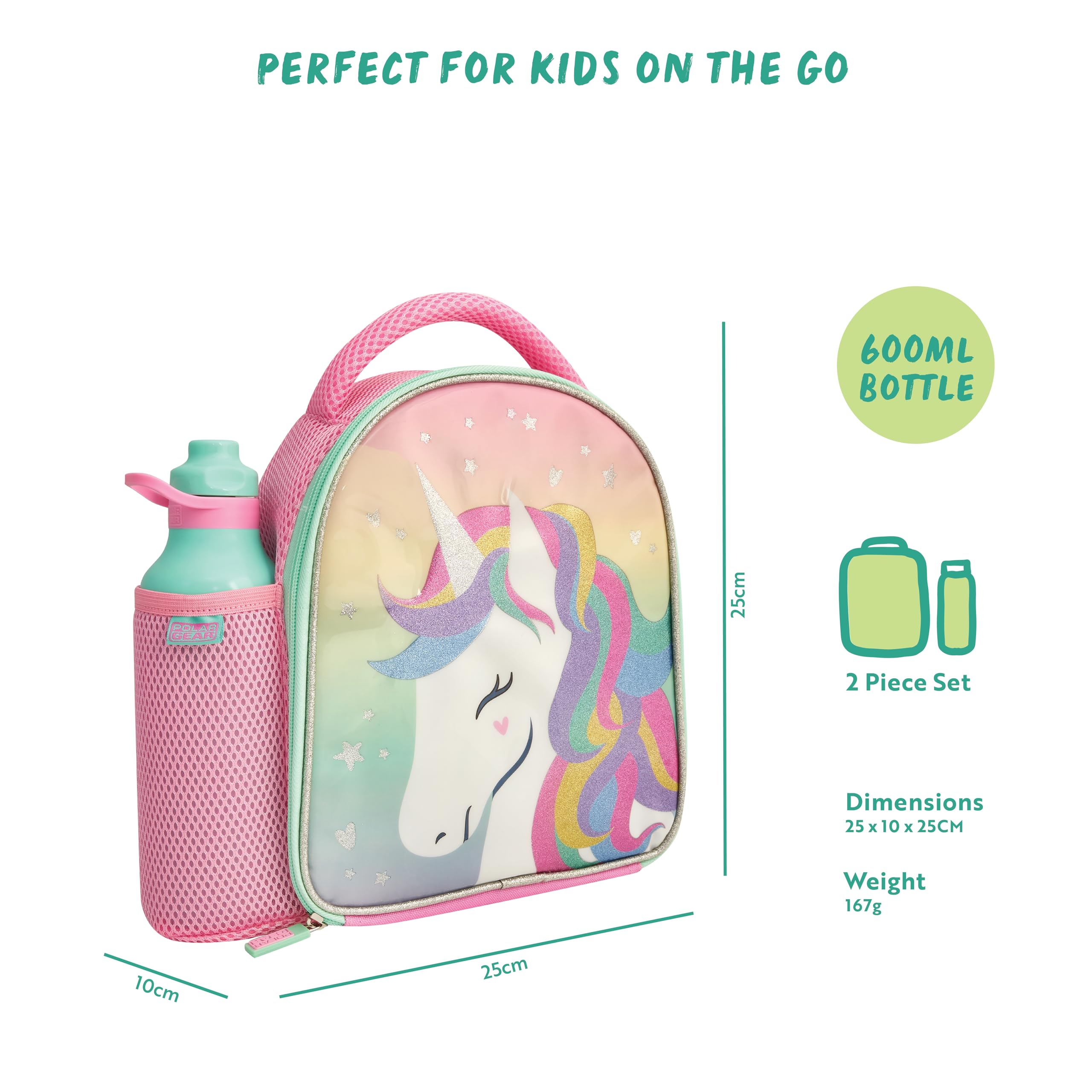 Polar Gear Glitter Unicorn Insulated Kids Lunch Bag with 600ml Water Bottle | Pink Polyester 2