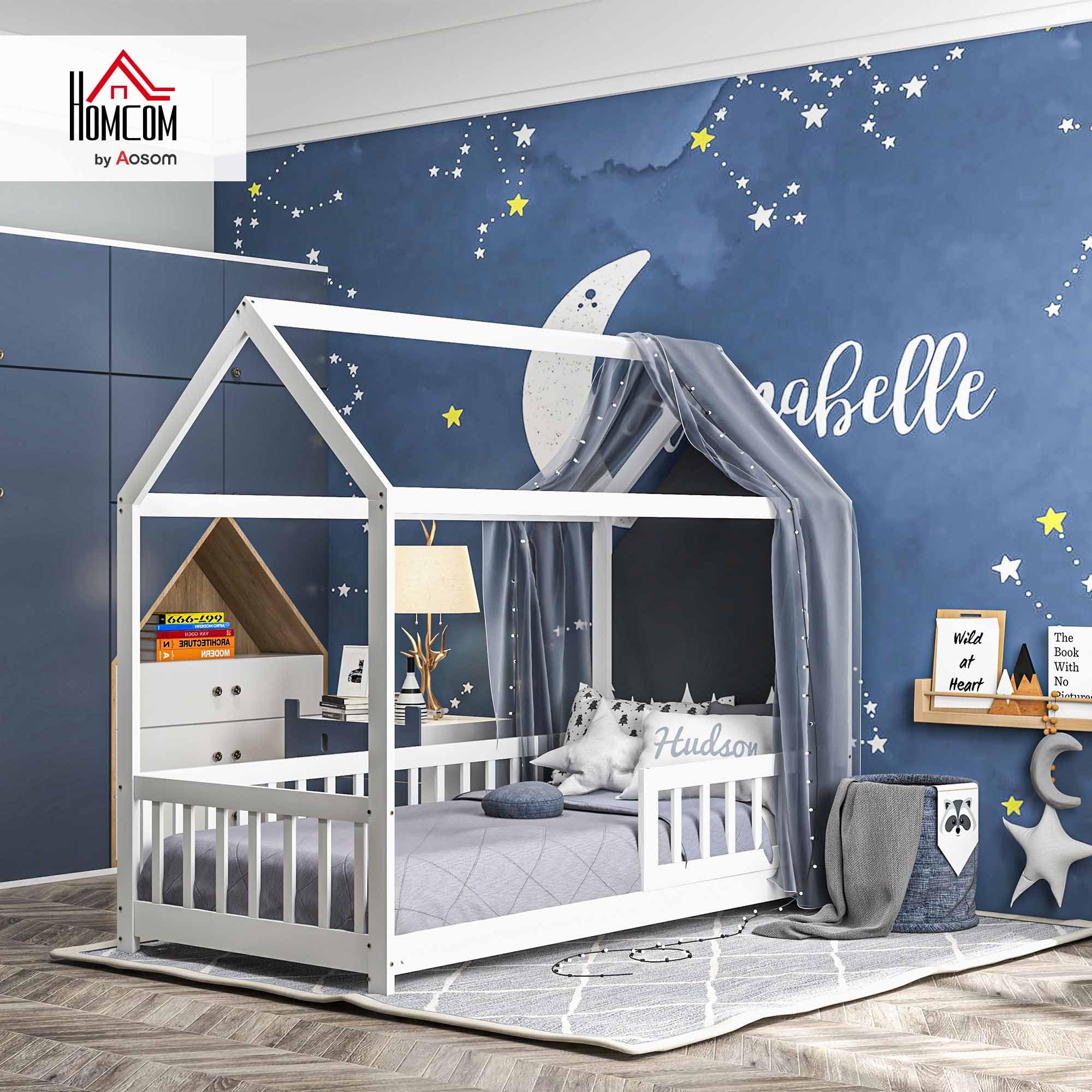 HOMCOM Toddler Bed Single House-Shaped Frame Solid Pine Wood White | 120kg Capacity 3