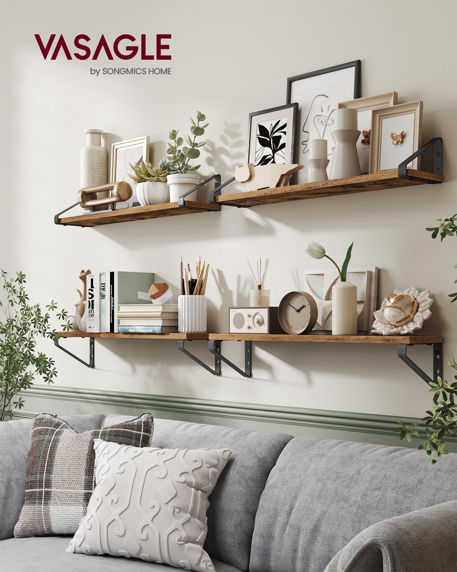 VASAGLE Floating Wall Shelves - Set of 2 Rustic Brown Shelves | Heavy Duty Steel Brackets | 22 lb Capacity