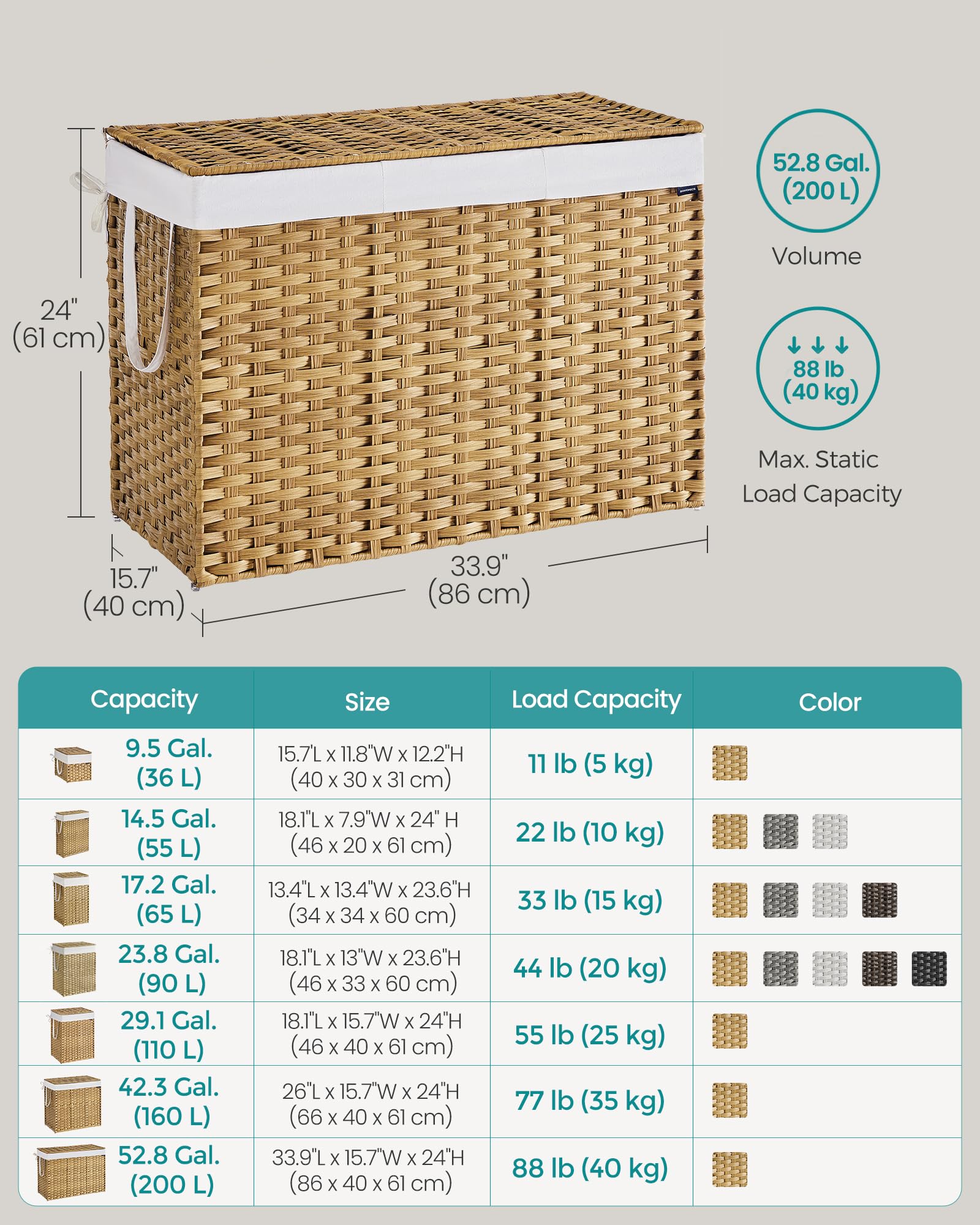 SONGMICS 200L Synthetic Rattan Laundry Basket with Lid, Handles, and Removable Liner | Natural Colour 6