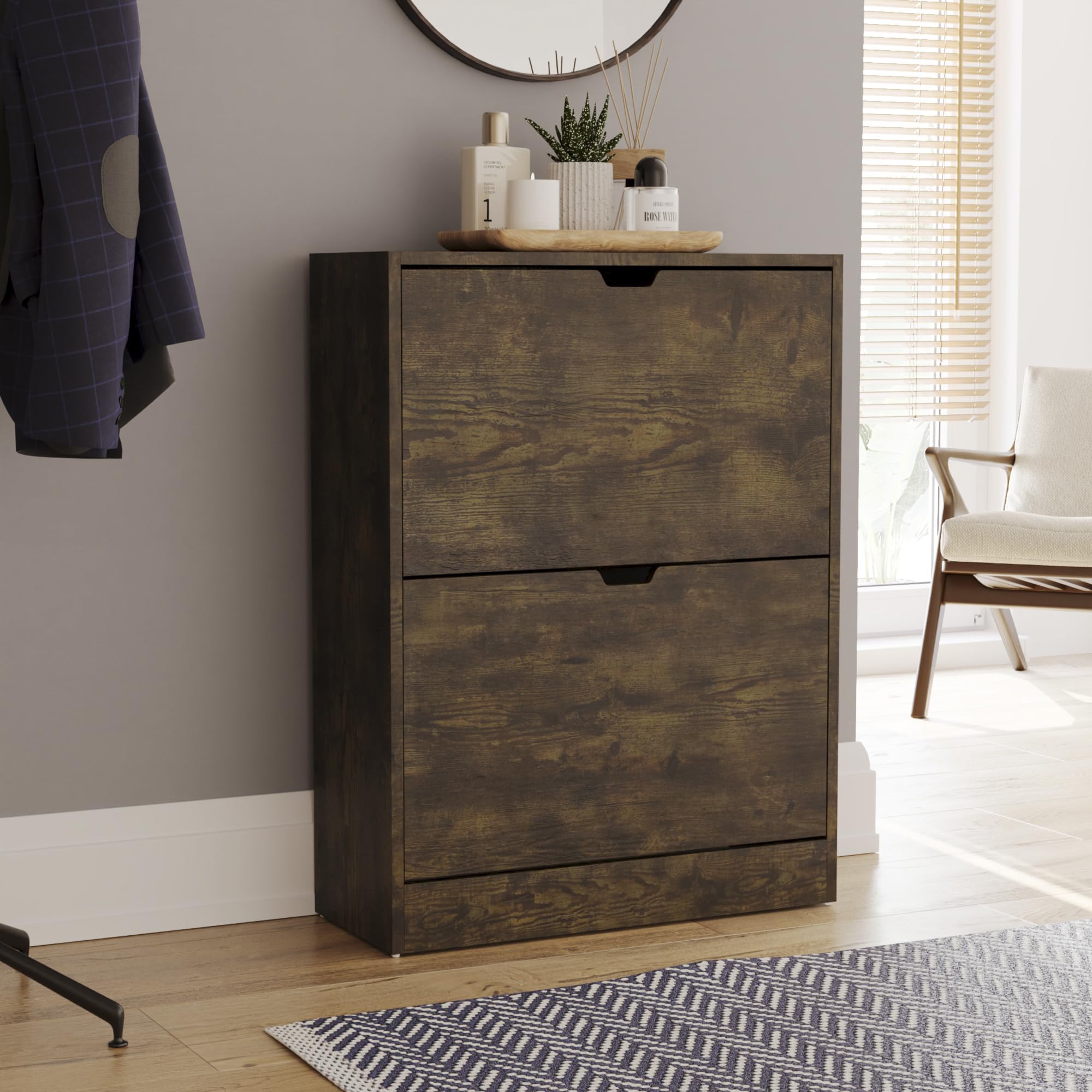 Vida Designs Wooden Shoe Cabinet - 2 Flip Drawers | Space-Saving Slim Design | Dark Wood 1