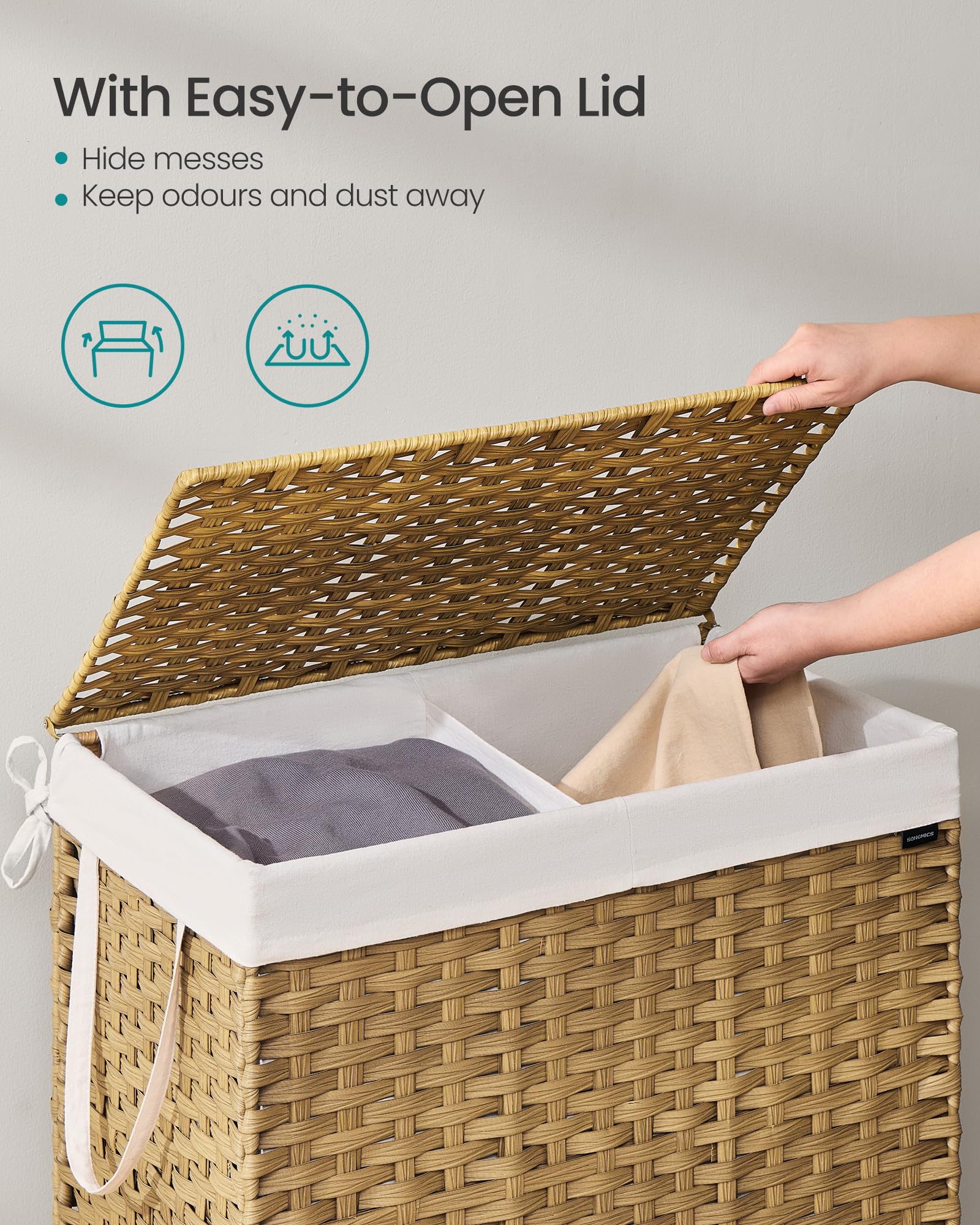 SONGMICS 160L Synthetic Rattan Laundry Basket with Lid and Handles | Natural Colour | Foldable 3