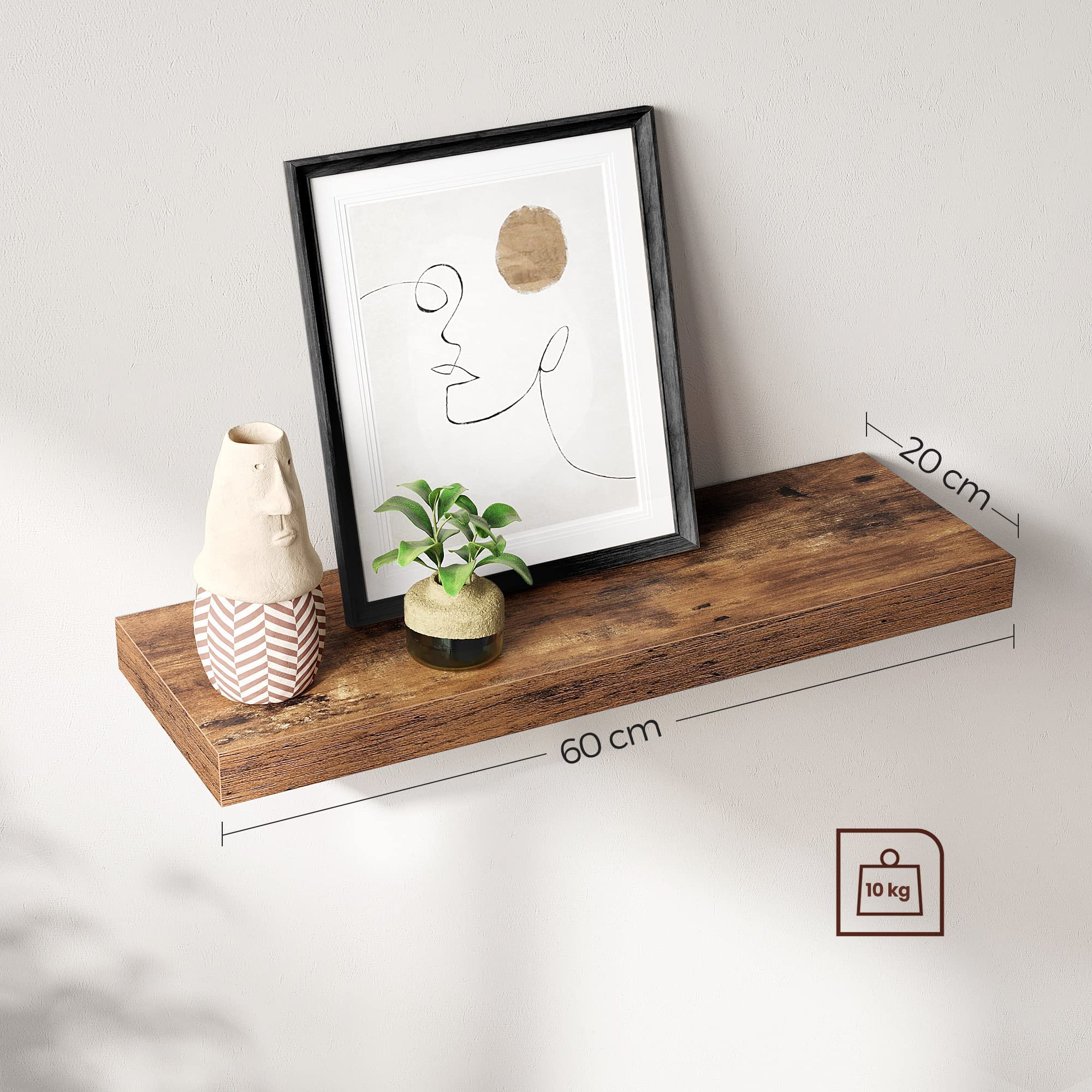 VASAGLE Floating Wall Shelf - Rustic Brown | 60 x 20 x 3.8 cm | MDF & Metal | 10 kg Capacity 3