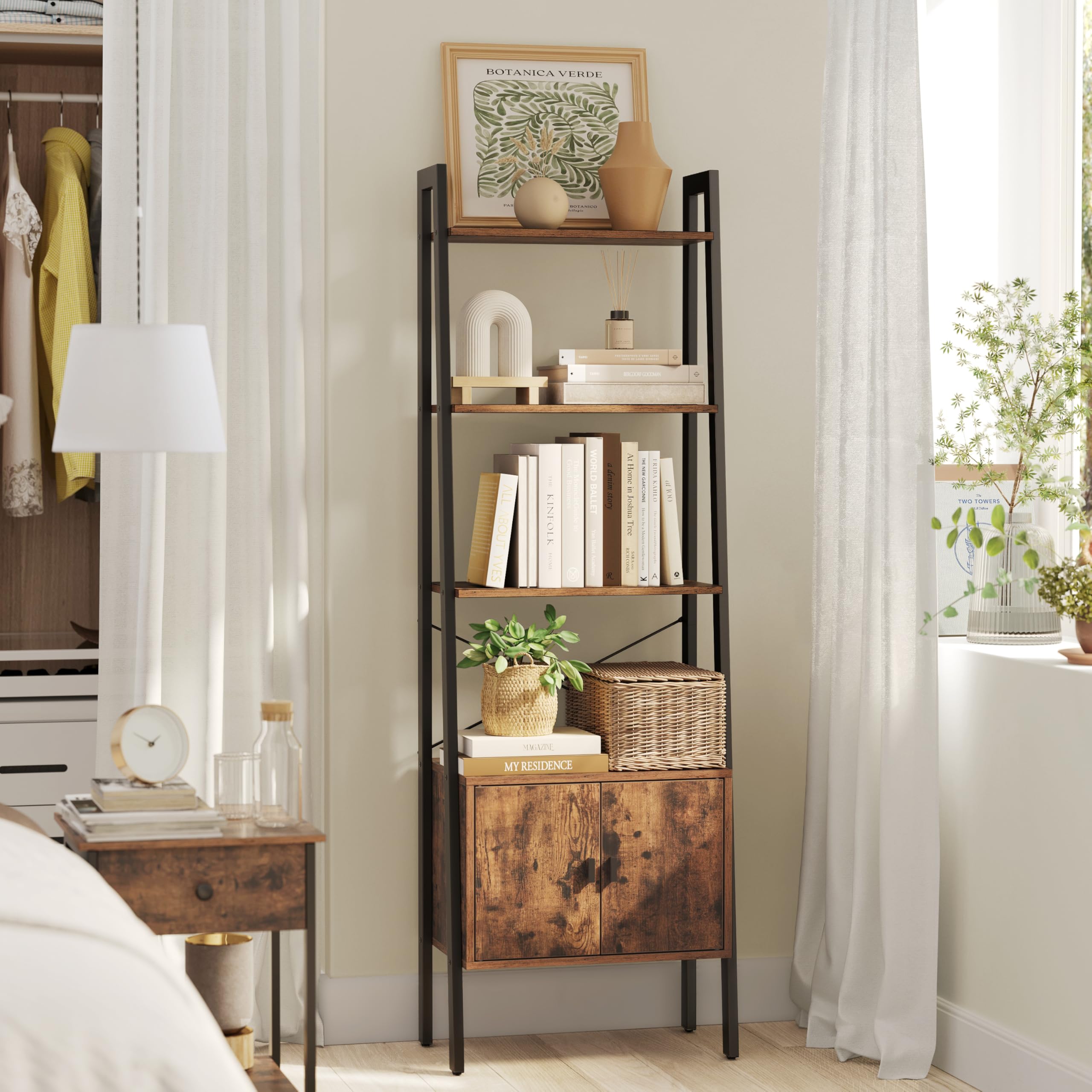 VASAGLE Shelf Ladder Bookcase - 4 Tiers with Cupboard | Industrial Style | Rustic Brown 5