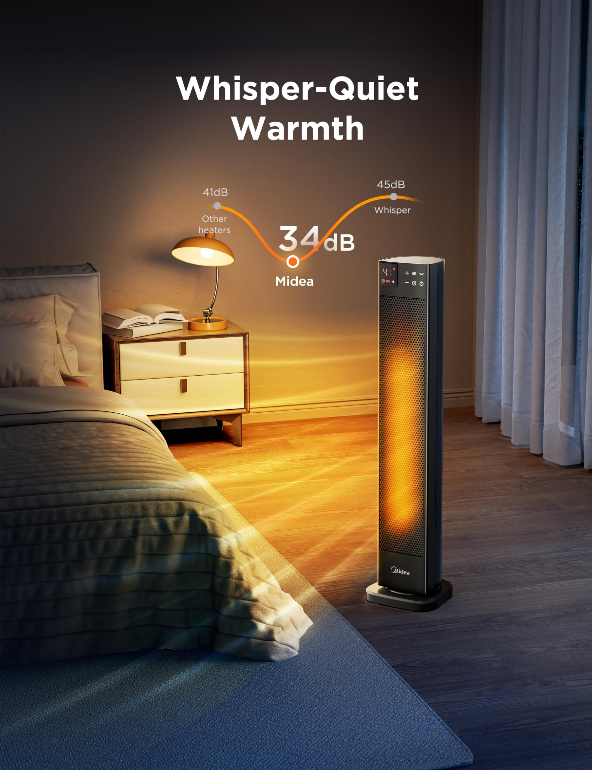 Midea 30 Inch Tower Ceramic Heater - 2000W, 75° Oscillation, Remote Control, 24H Timer 6