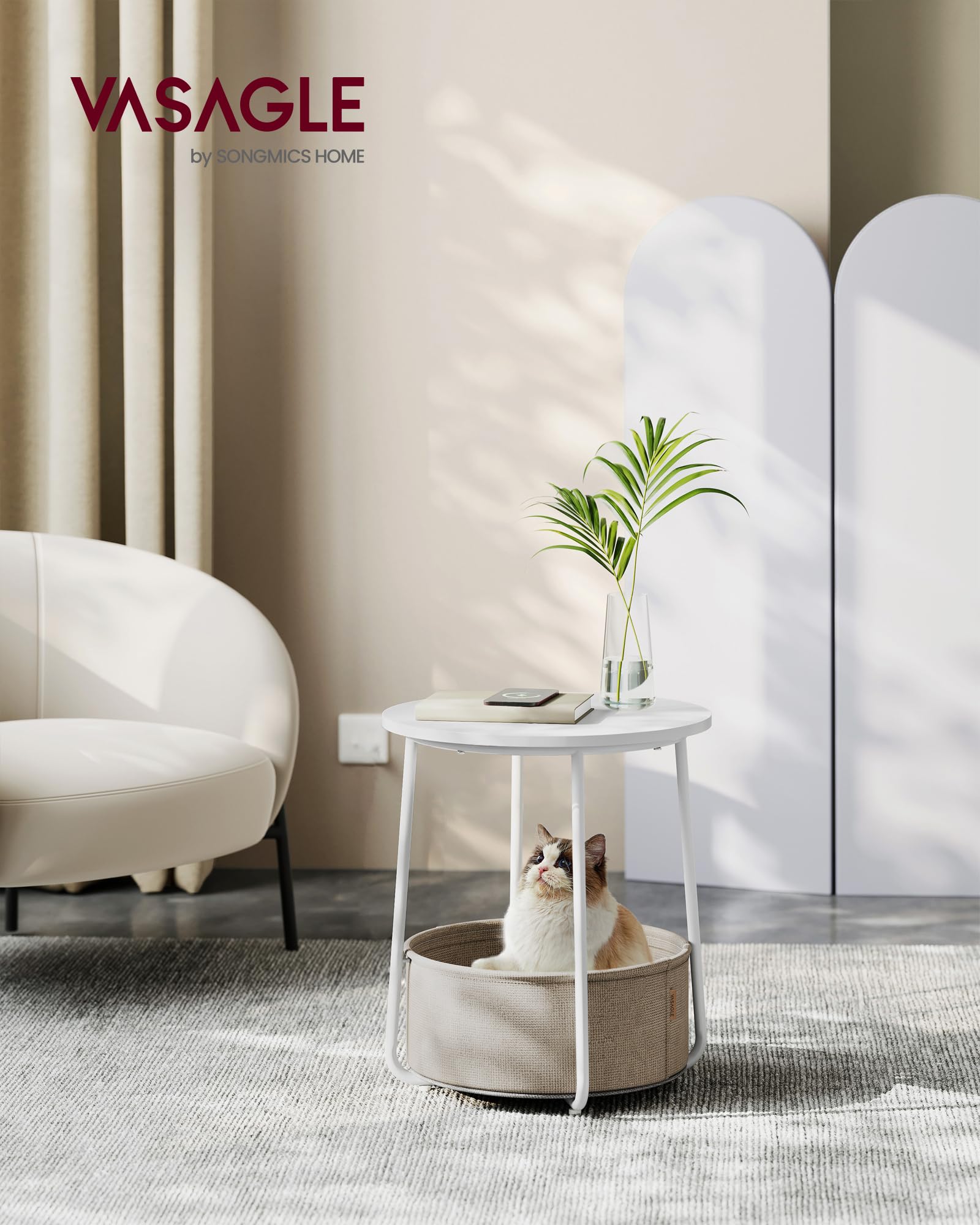 VASAGLE Round End Table - 45 cm Dia. Side Table with Beige Fabric Basket | Matte White Steel Frame 2