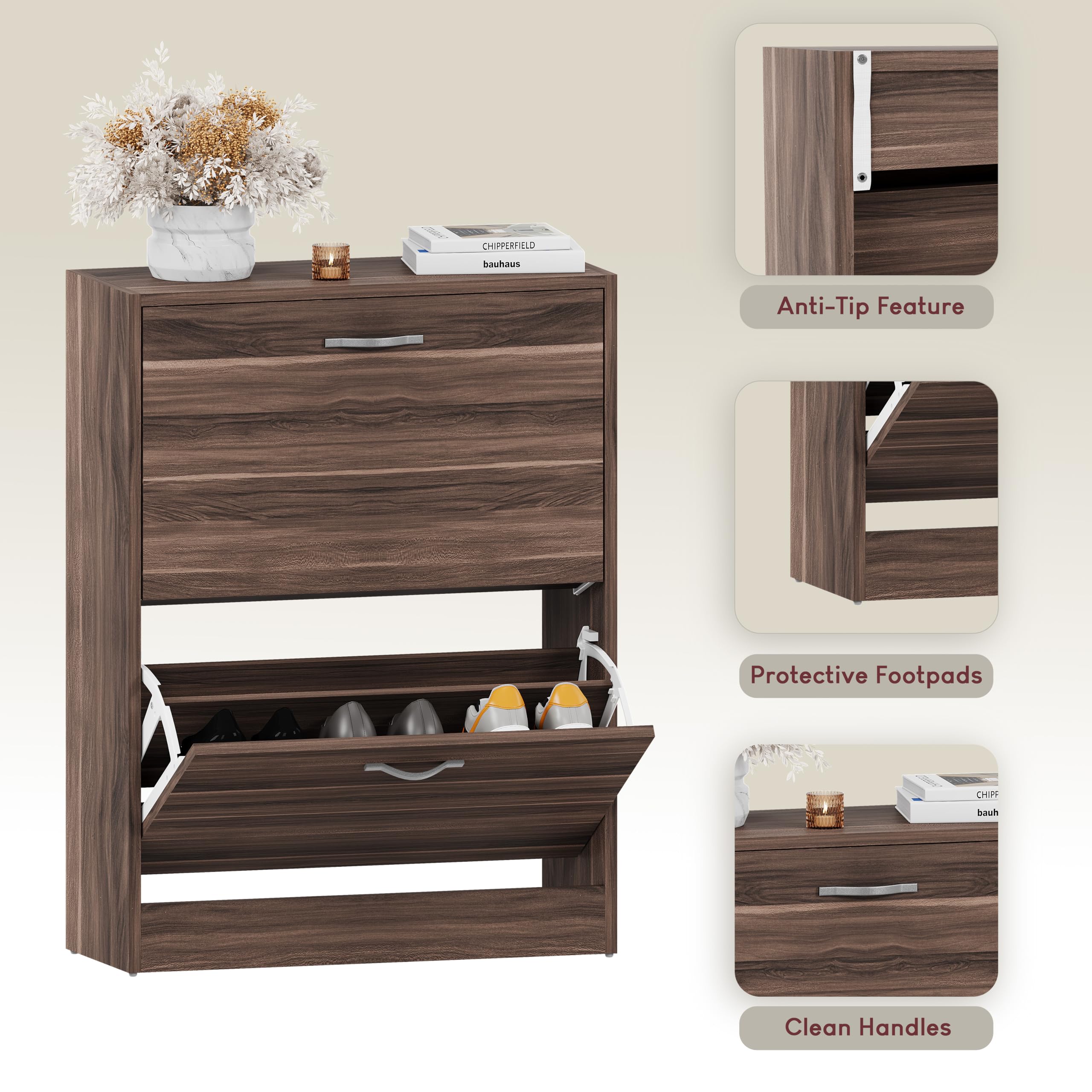 Vida Designs Wooden Shoe Cabinet - 2 Pull-Down Drawers | Slim Entryway Storage | Walnut 6