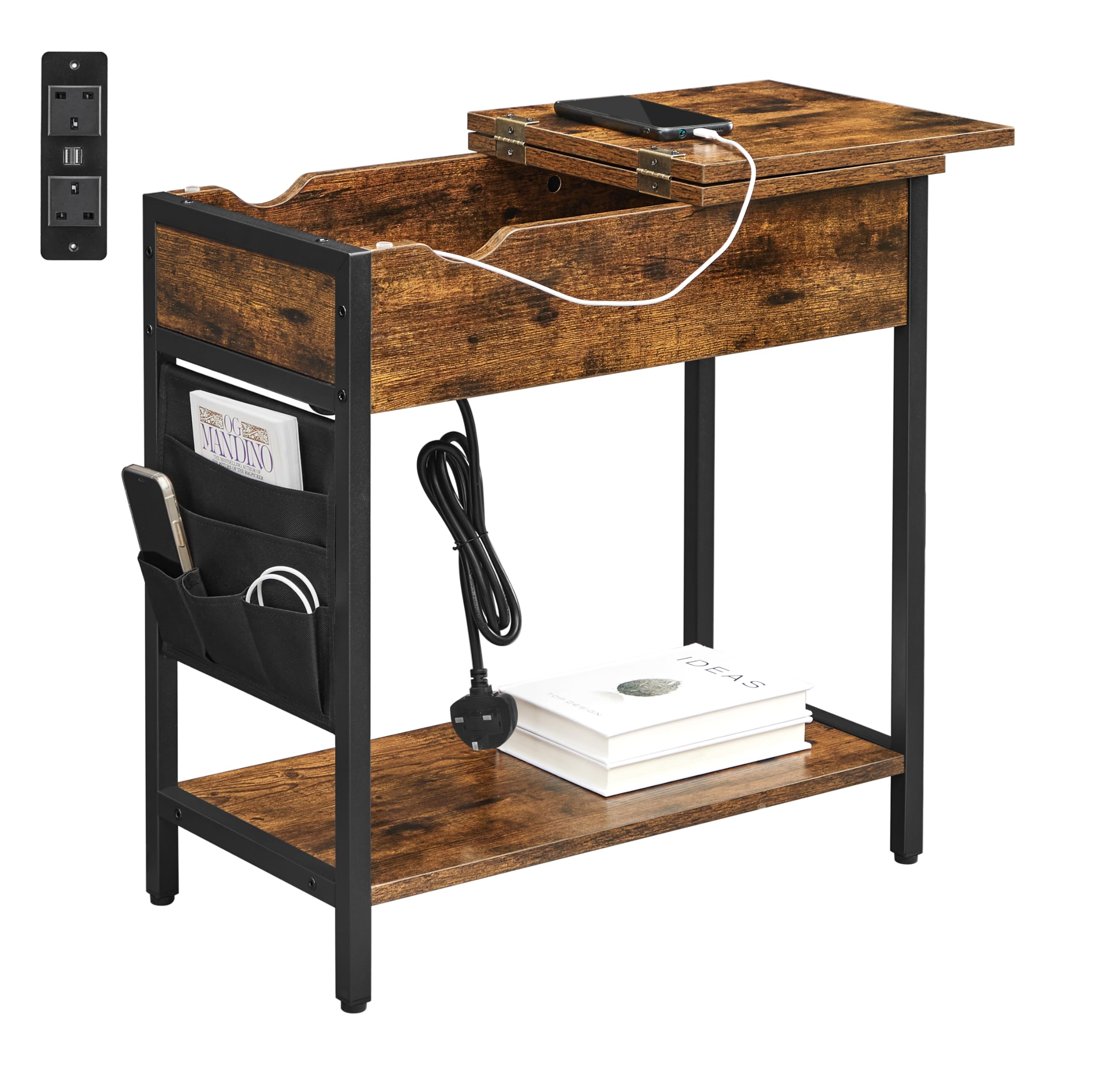 VASAGLE Slim Side Table with Charging Station | Rustic Brown & Black | 60 x 31.5 x 60 cm 1