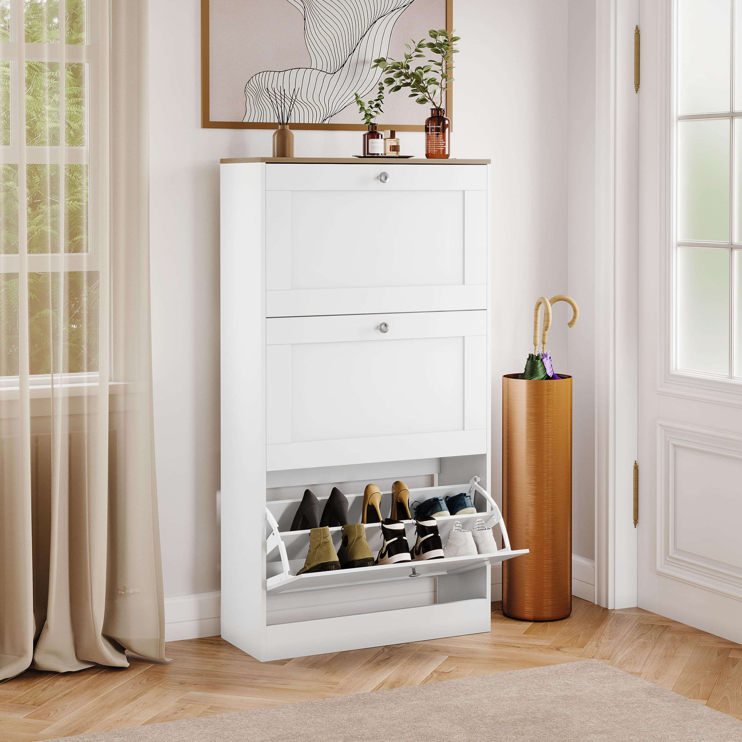 Vida Designs 3 Drawer Shoe Cabinet - White & Oak | Compact Entryway Storage | 117 H cm 1