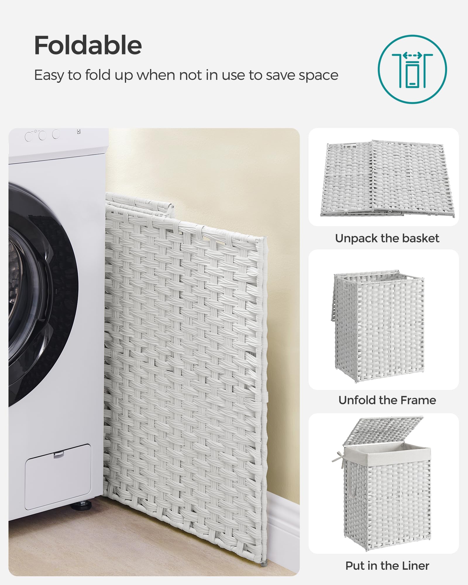 SONGMICS Handwoven Laundry Basket - 90L Capacity, Foldable, White Synthetic Rattan Hamper with Lid 8