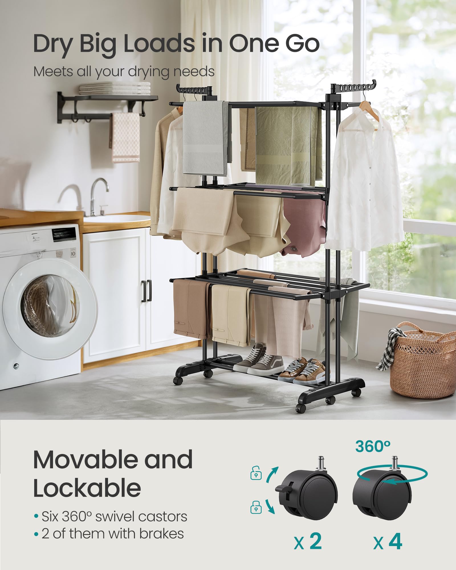 SONGMICS Large 4-Tier Foldable Clothes Drying Rack Horse | 41kg Capacity | Ink Black 3