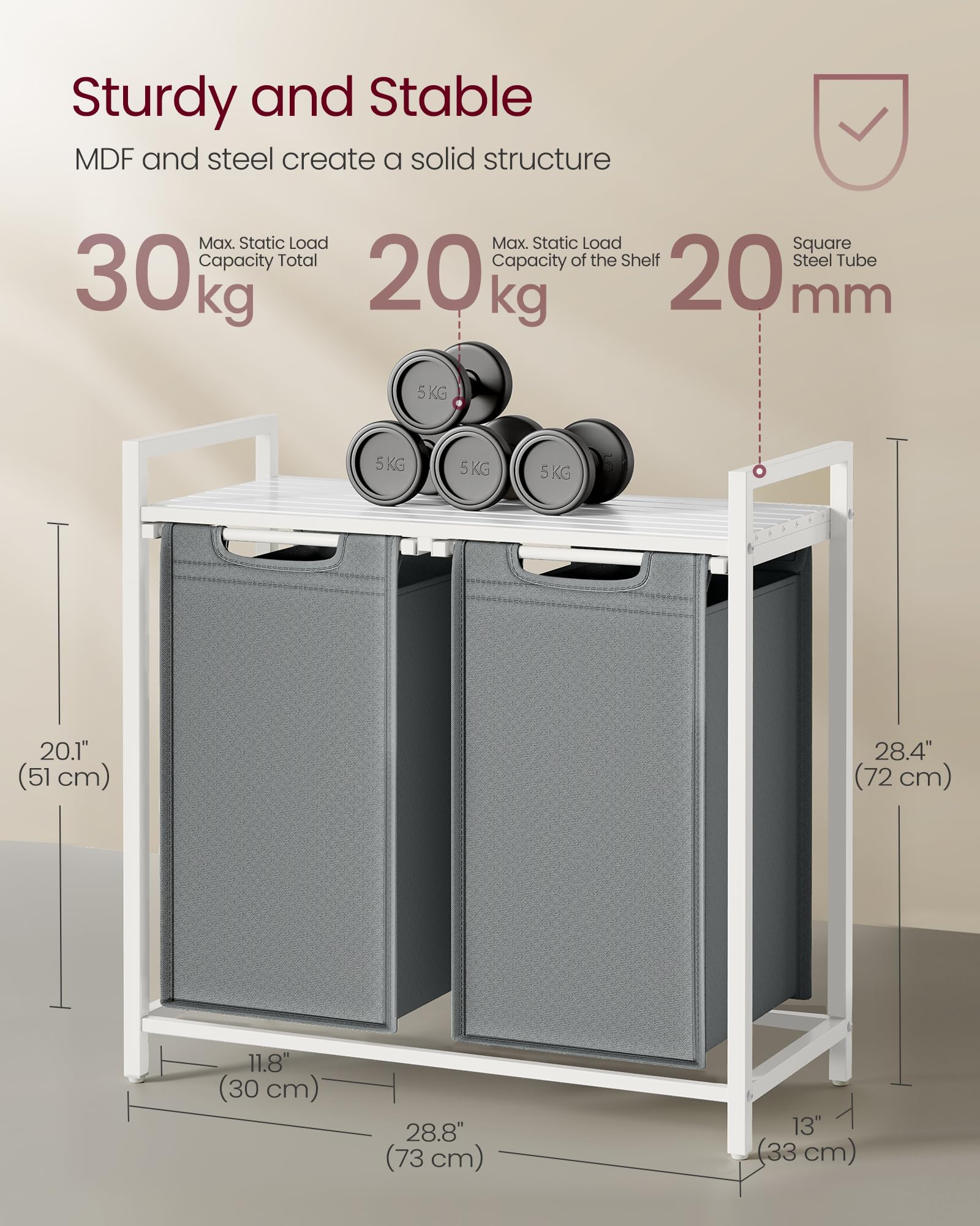 VASAGLE Laundry Basket - 2-Compartment Hamper with Shelf | 92 L Capacity | White & Light Grey 6