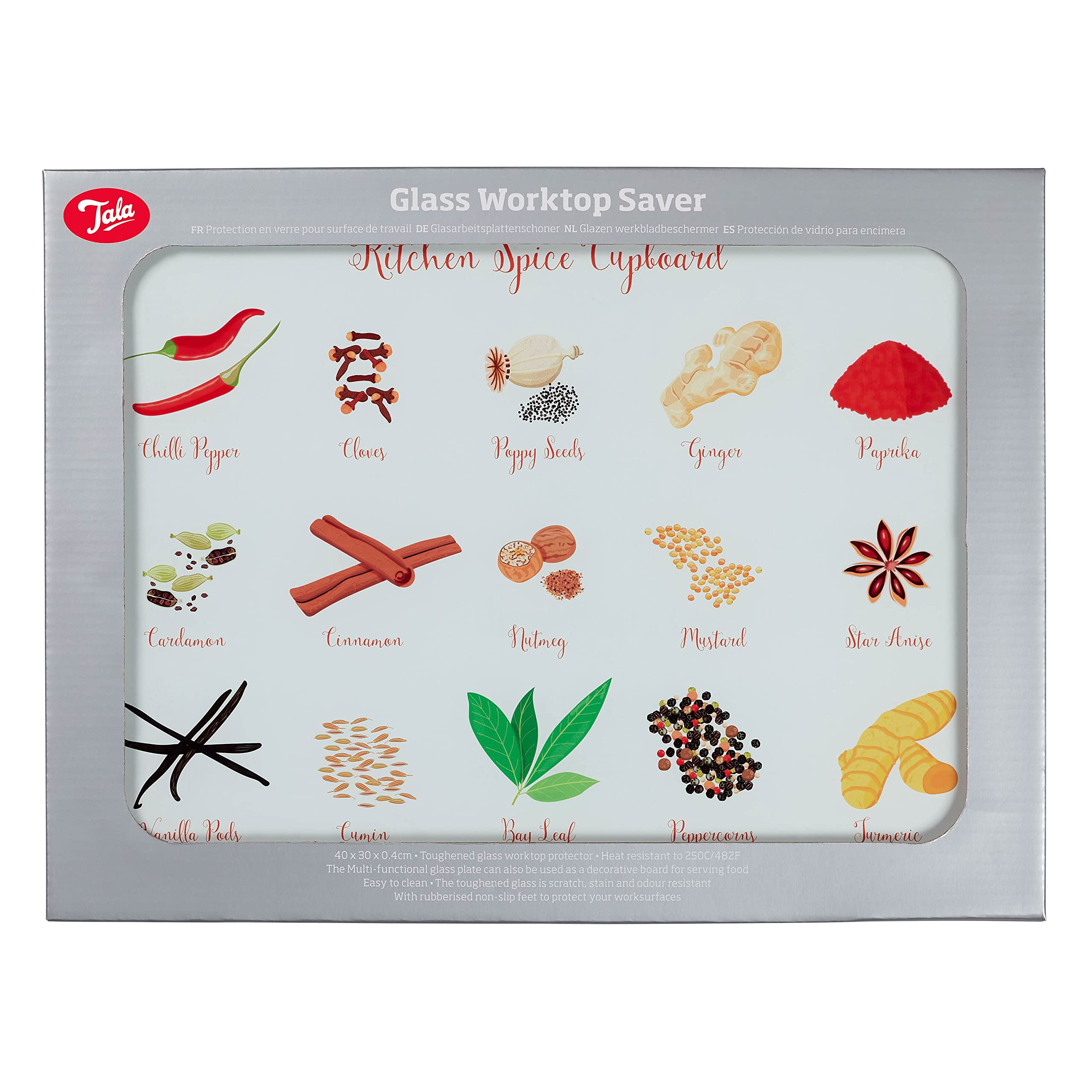 Tala Spice Design Toughened Glass Chopping Board and Work Top Saver | 30 x 40 cm | Heat Resistant