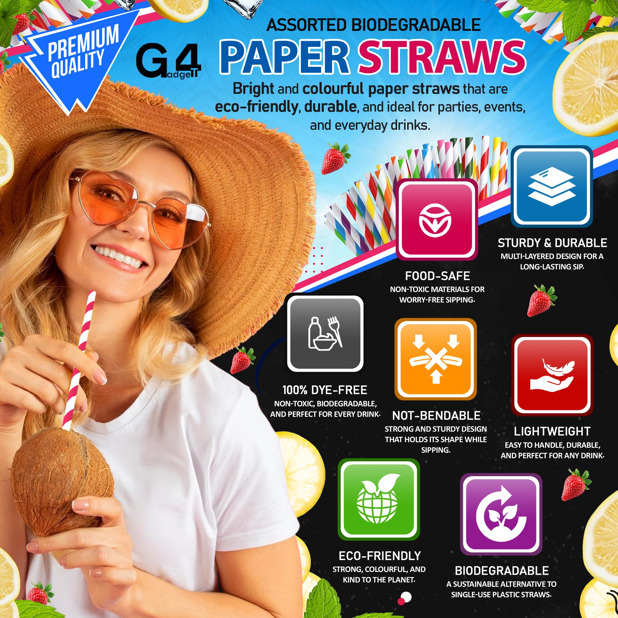 G4GADGET 250-Pack Assorted Biodegradable Paper Straws - Sturdy, Multi-Colored for Drinks & Crafts 5