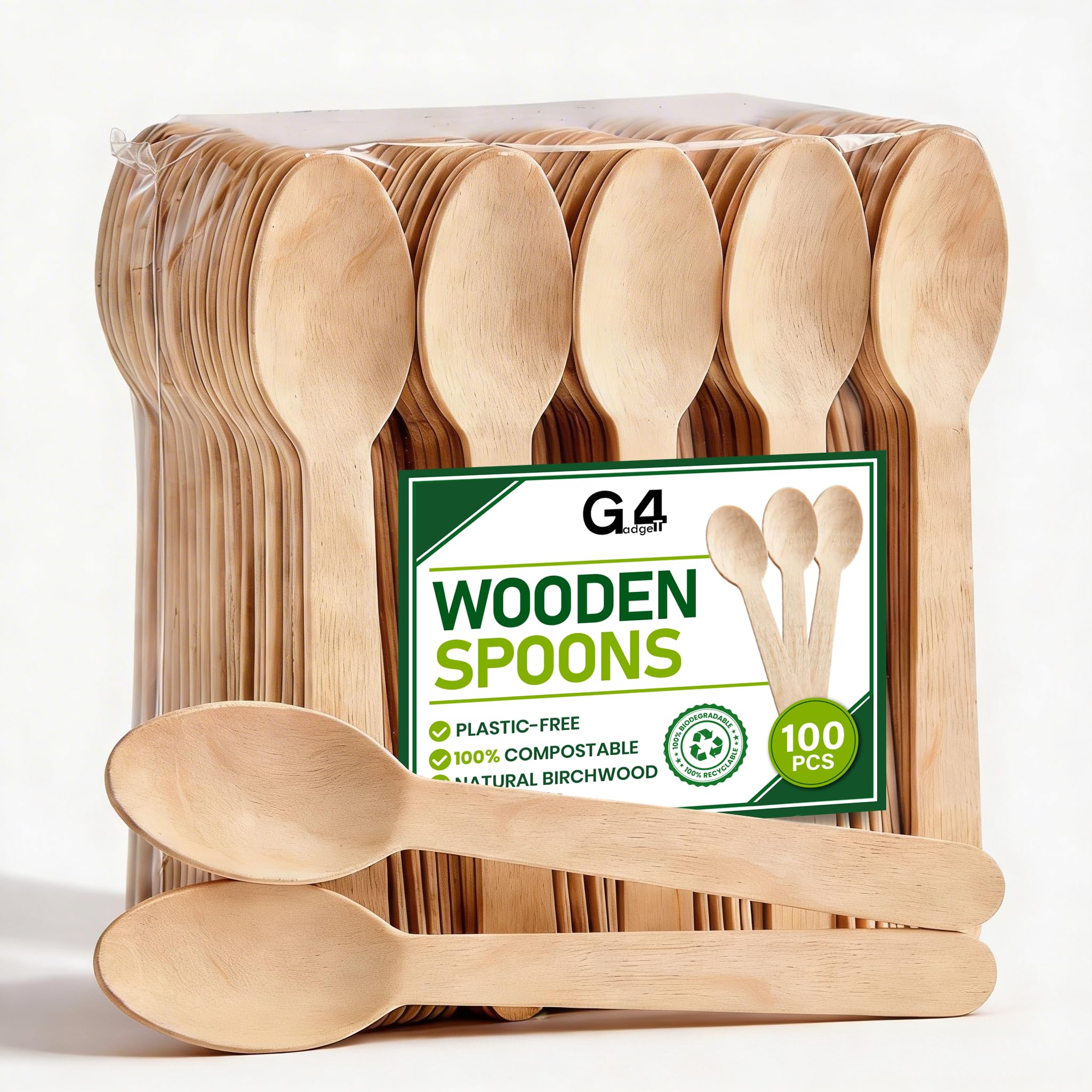 G4GADGET 100-Pack Wooden Spoons - Durable & Splinter-Free Disposable Utensils | Light Brown Wood 1