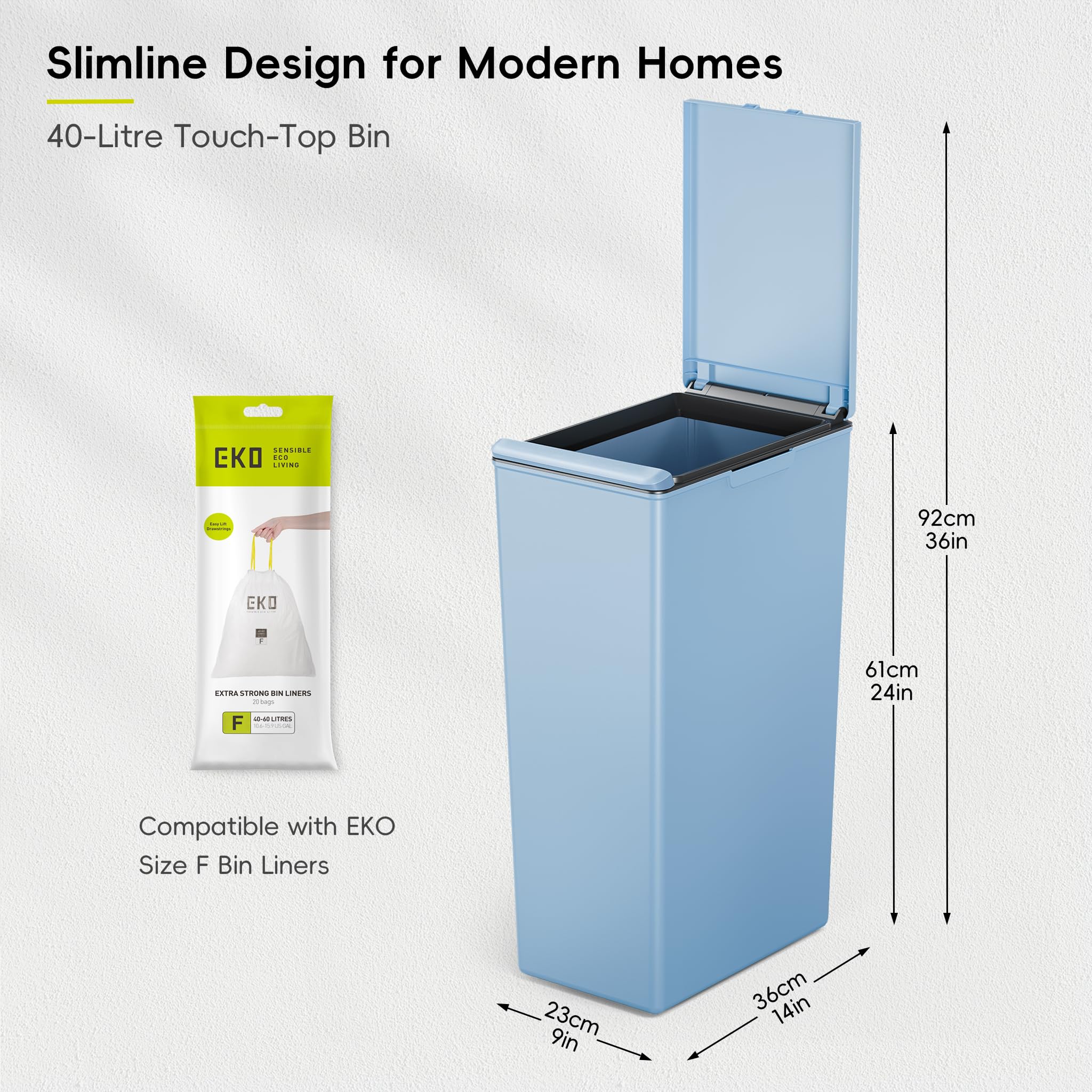 EKO Morandi 40L Kitchen Recycling Bin with Touch-Top Lid | Slim Plastic | Blue 2