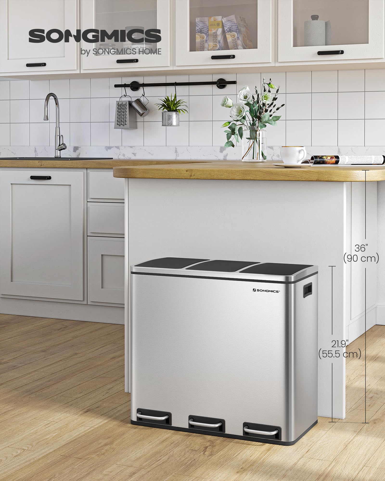 SONGMICS Kitchen Recycling Bin - 3 Compartments (3 x 18L) | Soft-Close Lids | Steel Metallic Silver LTB54NL 2