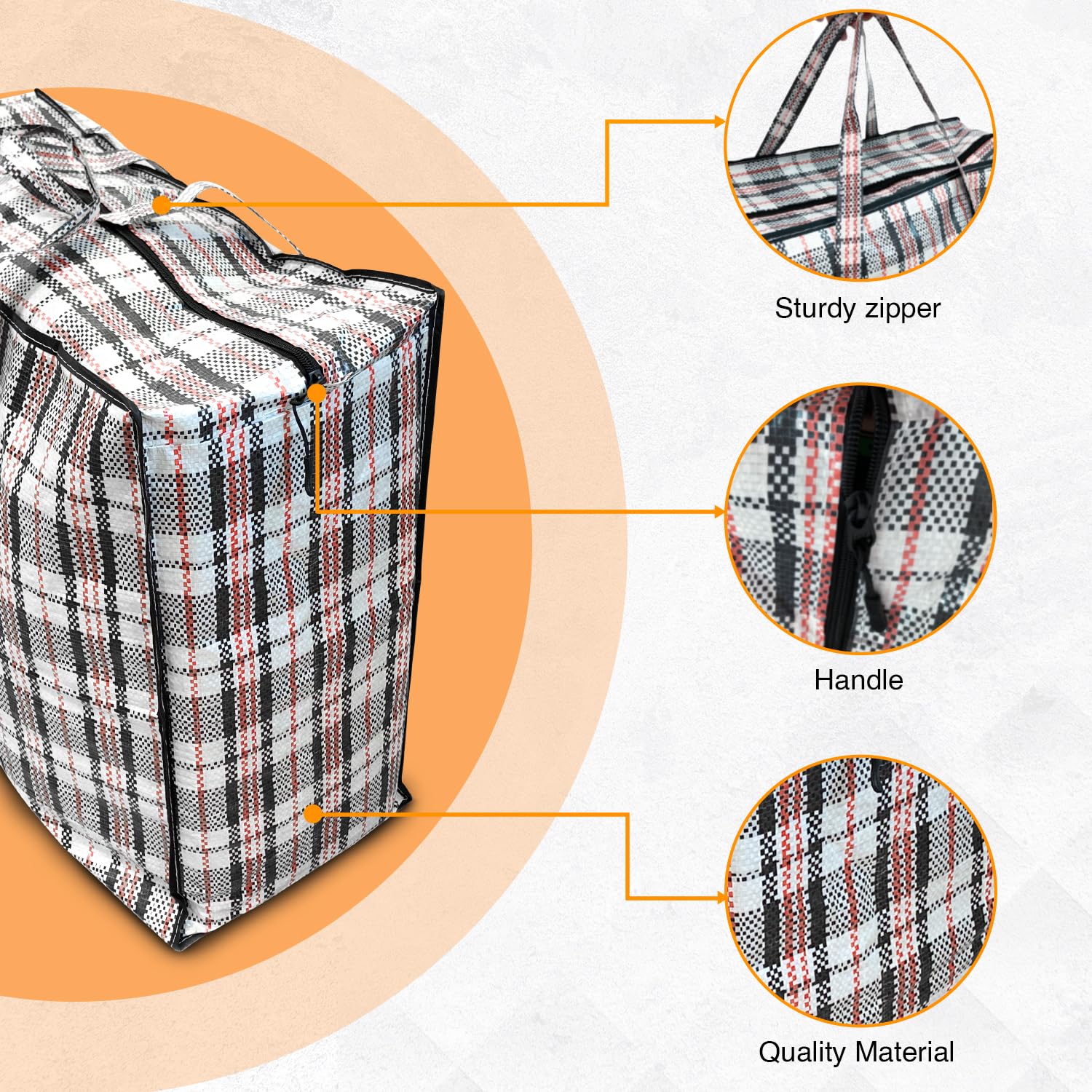 ANSIO Large Reusable Laundry Bags - Pack of 10 Storage Bags with Zips, 60L x 25W x 50H cm