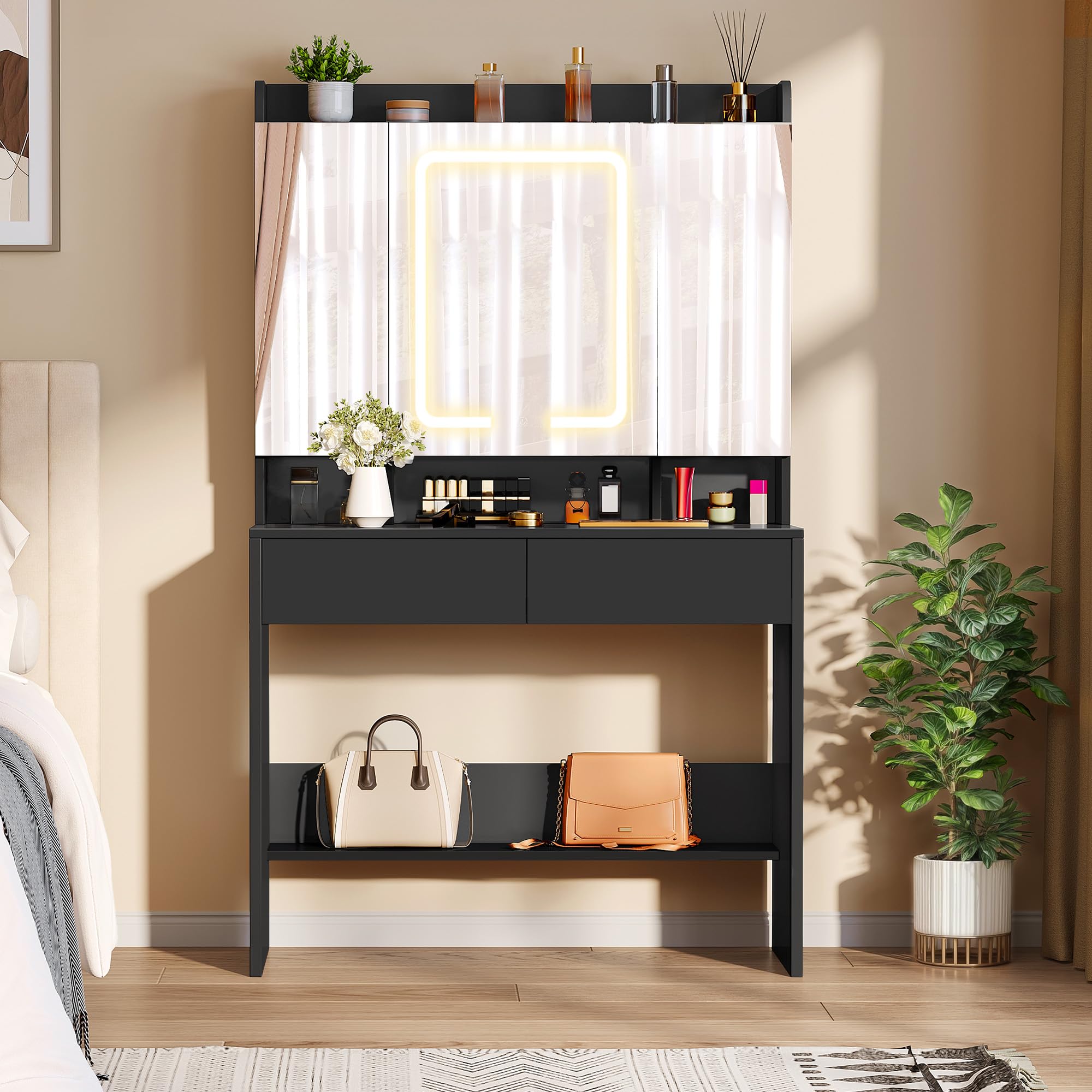 YITAHOME Dressing Table with 3 Mirrors & LED Lights | Black Finish | 90 x 145 x 40 cm 5