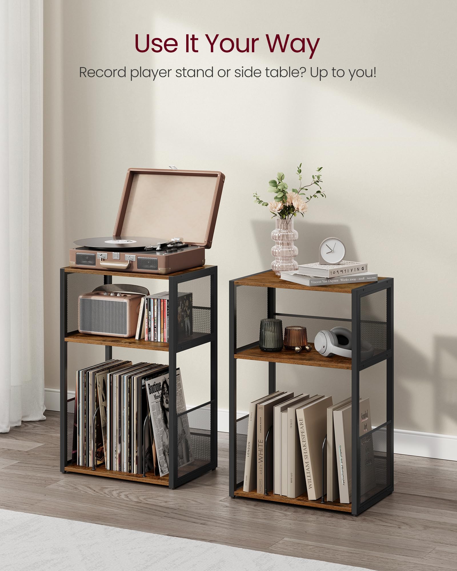 VASAGLE Record Player Stand - 3-Tier Side Table for Vinyl Storage | Rustic Brown | 30x43x69 cm 6