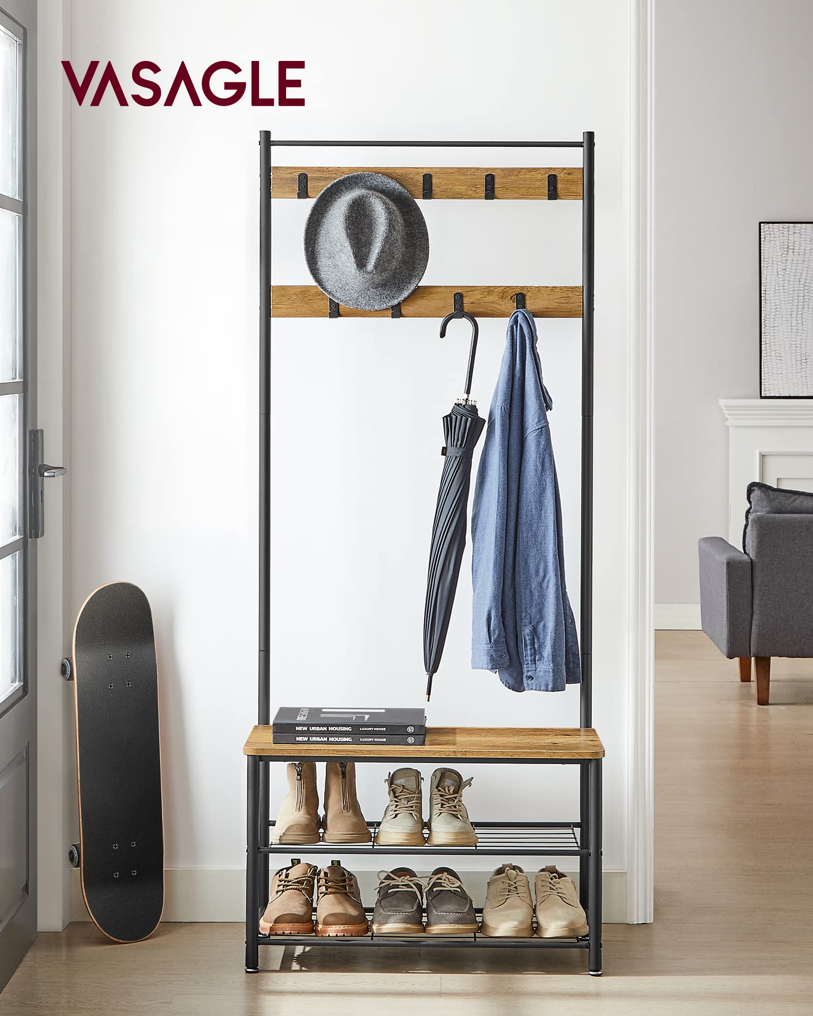 VASAGLE Hallway Storage Coat Rack with Shoe Bench | 9 Hooks | Chestnut Brown + Black