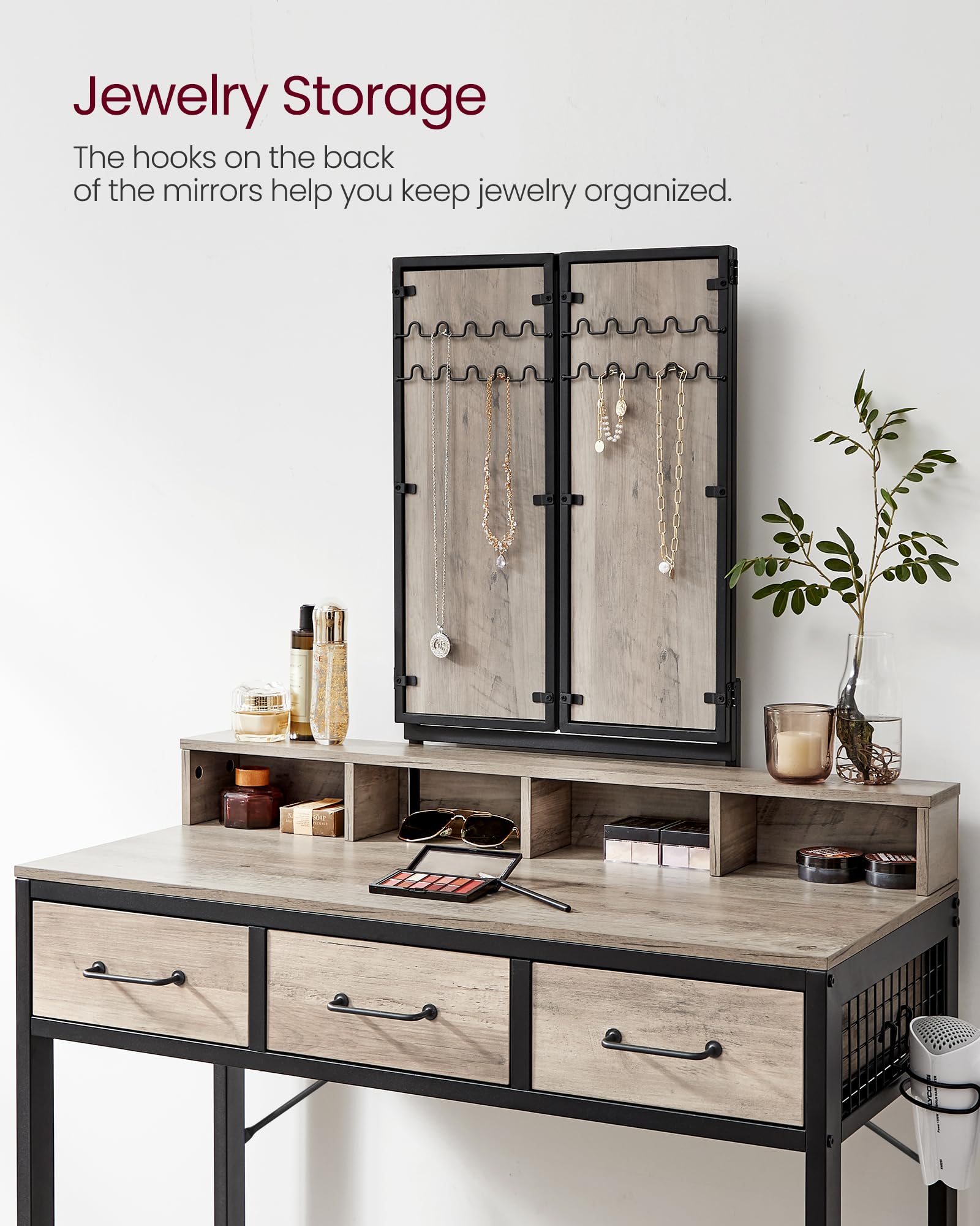 VASAGLE Industrial Design Dressing Table with 3-Piece Folding Mirror and Padded Stool | 3 Drawers | Greige/Black 8