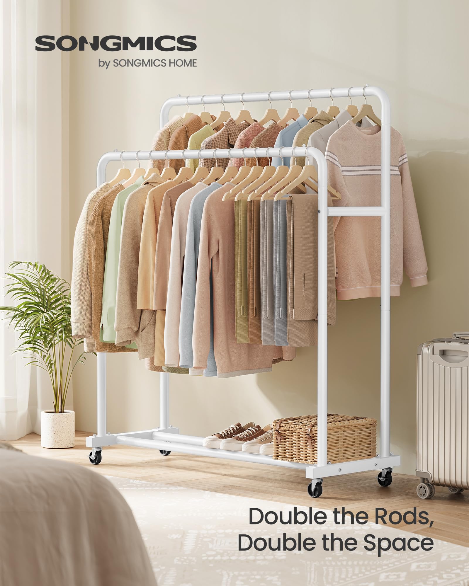 SONGMICS Clothes Rack on Wheels - Heavy Duty Steel, 90 kg Capacity | Matte White 2