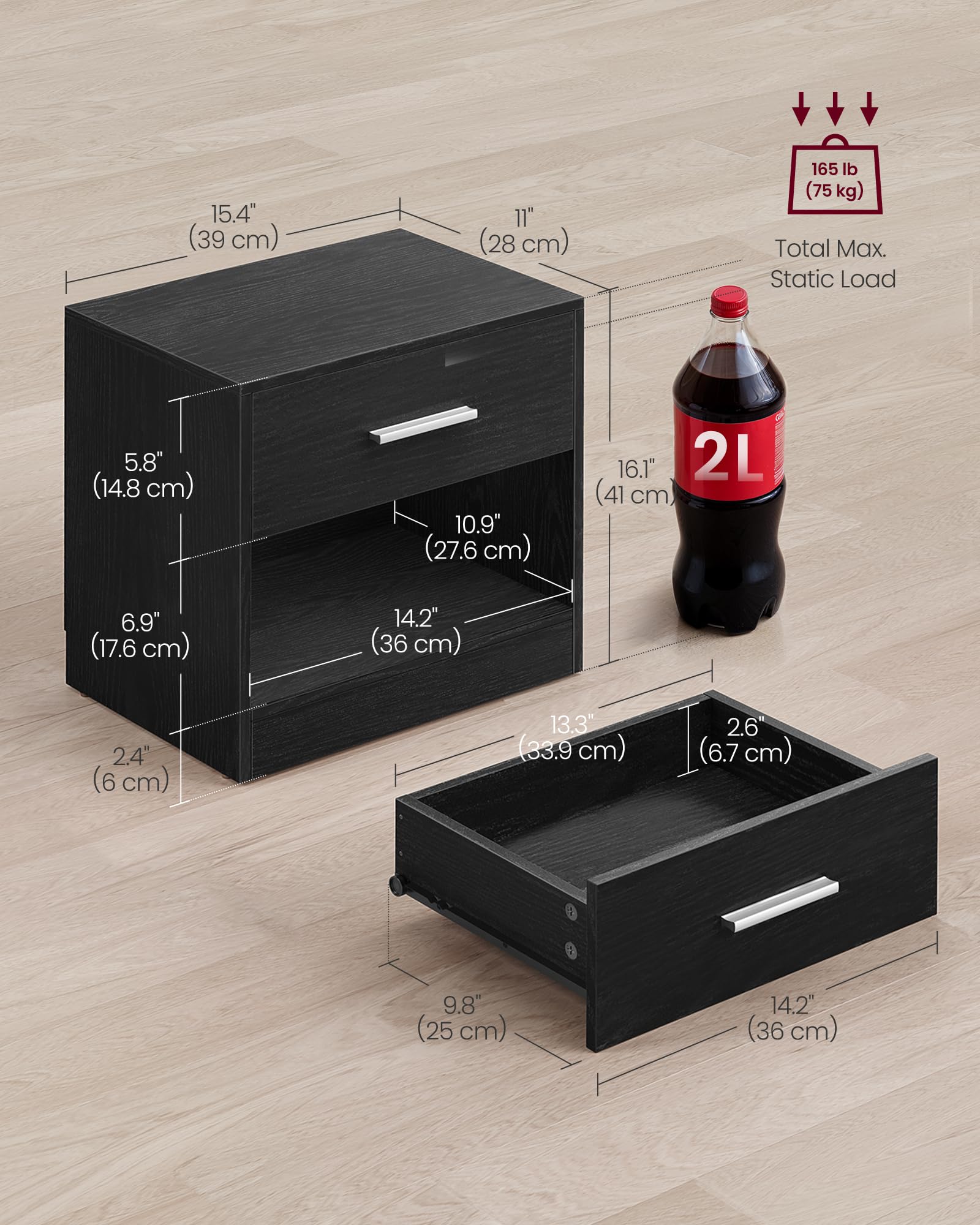 VASAGLE Bedside Table - Modern Look | Drawer & Open Compartment | 28 x 39 x 41 cm 3