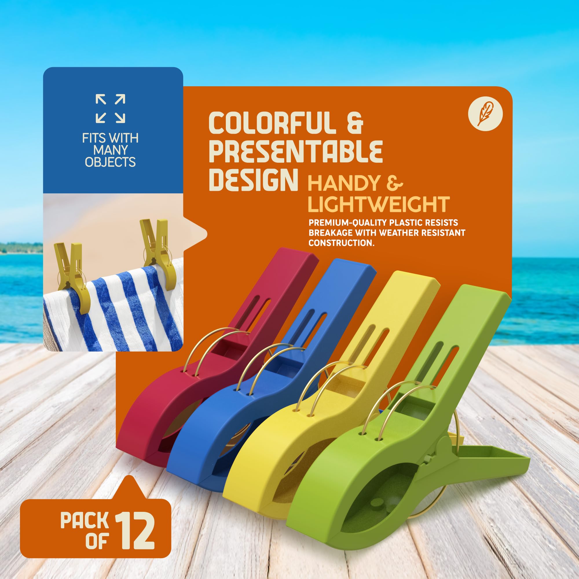 PORTENTUM Beach Towel Clips - Large Plastic Pegs for Secure Hold | Pack of 12 Multicolour 5