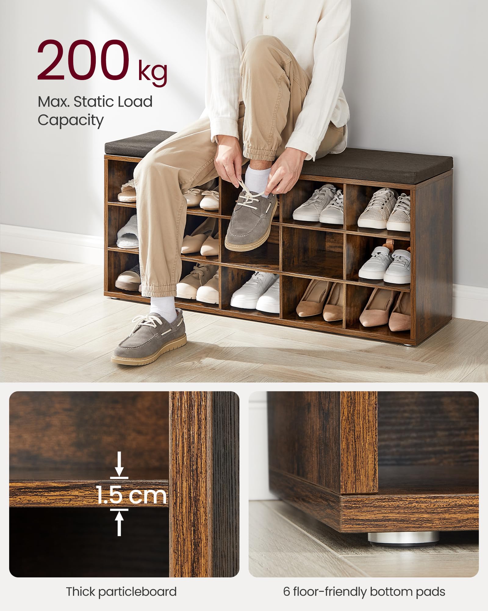VASAGLE Shoe Storage Bench with Padded Seat | 15 Compartments | 30 x 105 x 48 cm | Rustic Brown/Chestnut Brown 5