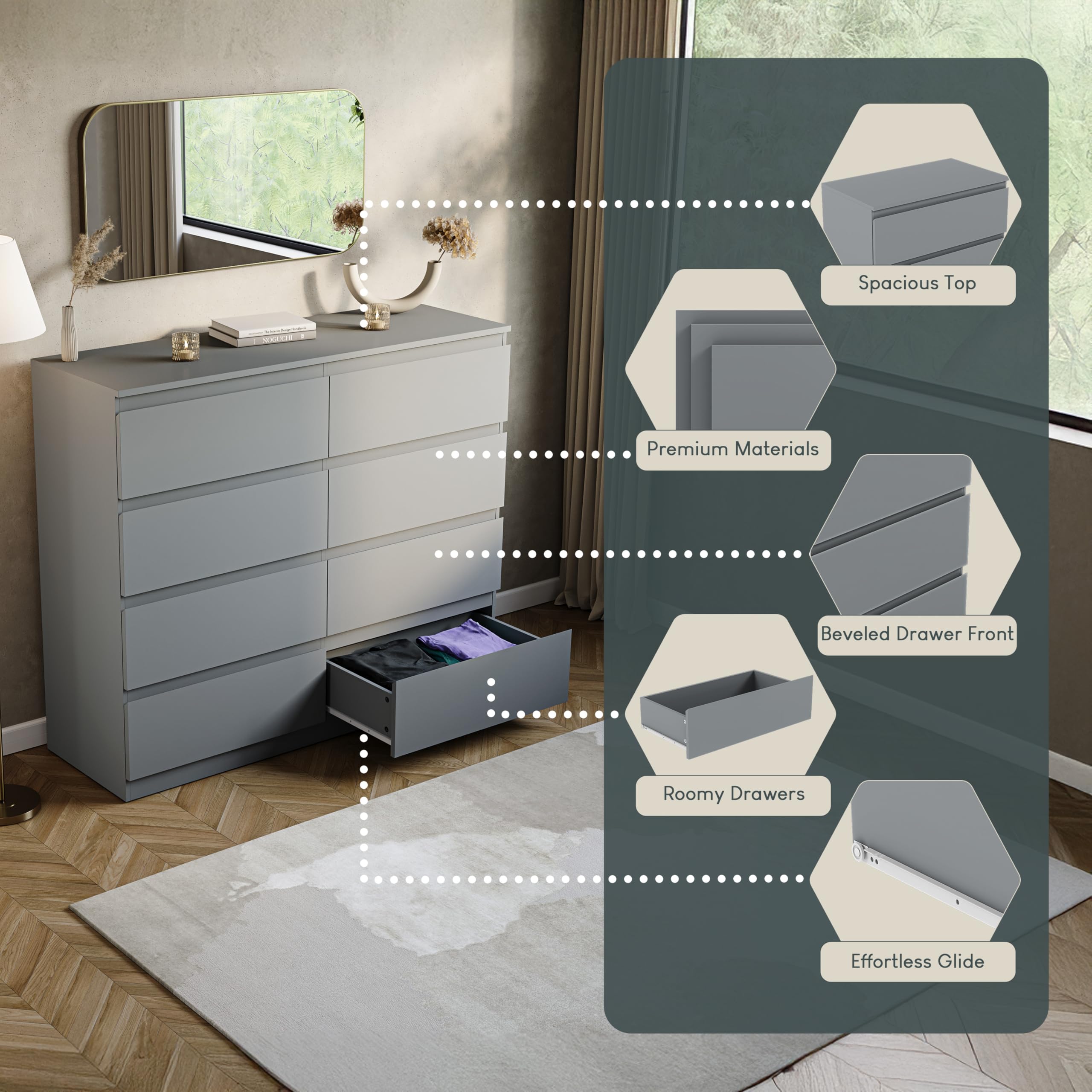 Vida Designs Denver 8 Drawer Chest of Drawers - Grey | 120W x 95.5H cm | Engineered Wood 5