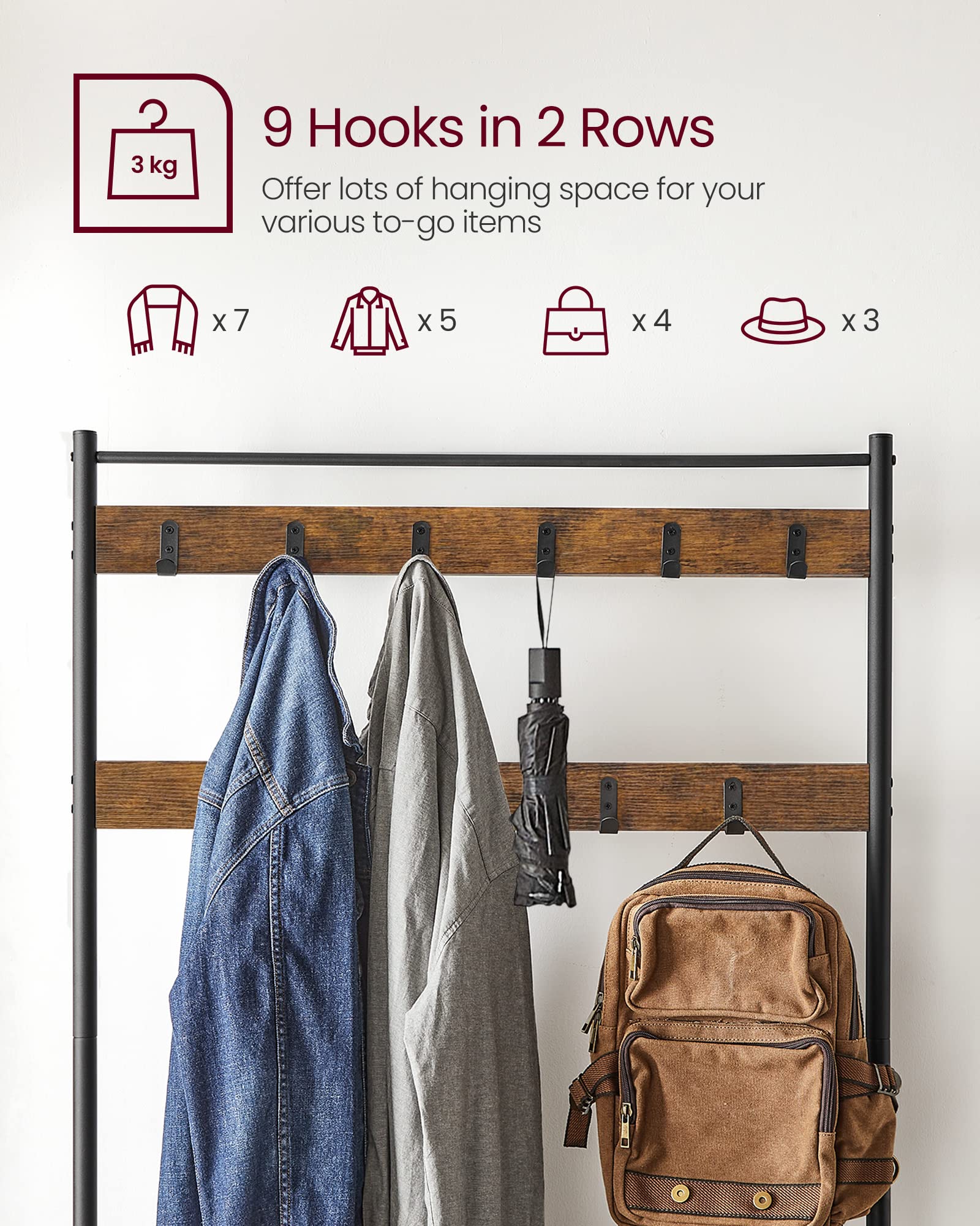 VASAGLE Coat Rack - 3-in-1 Hall Tree with Shoe Storage Bench | 9 Hooks | Rustic Brown & Black 4