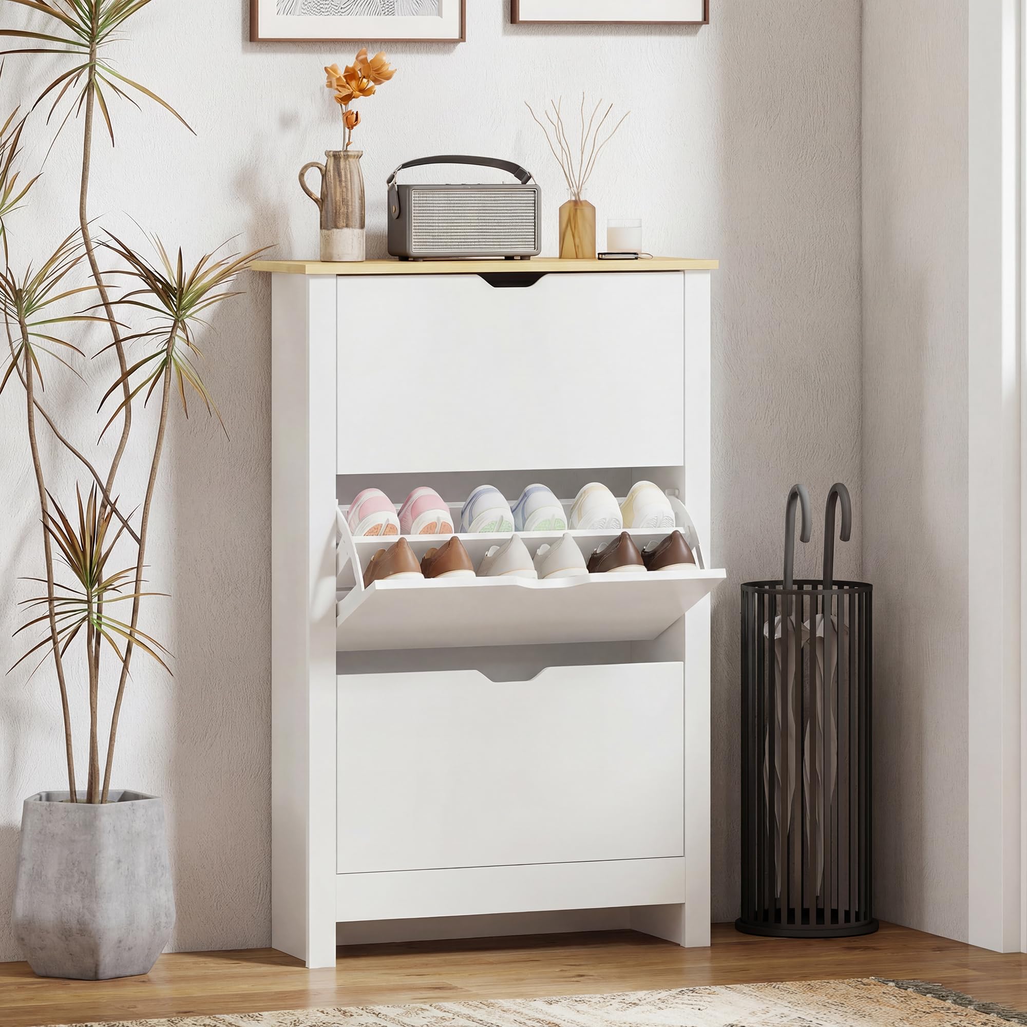 HOMCOM Narrow Shoe Cabinet - Space Saving Storage with 3 Flip Drawers | White | 26cm Depth 7