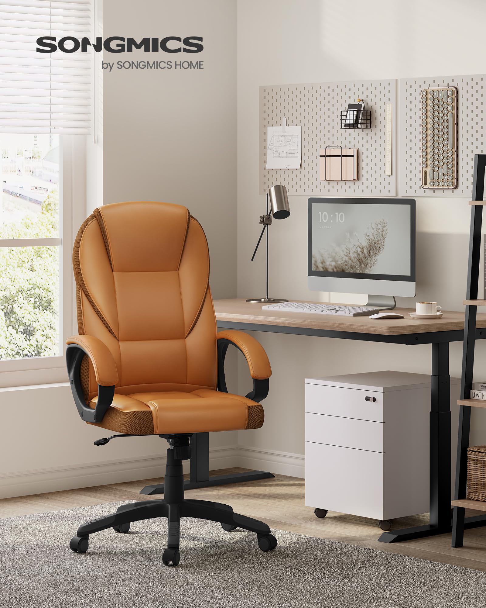 SONGMICS Ergonomic Swivel Desk Chair - Adjustable Height, Silent Castors, Caramel Brown | Max Load 150 kg