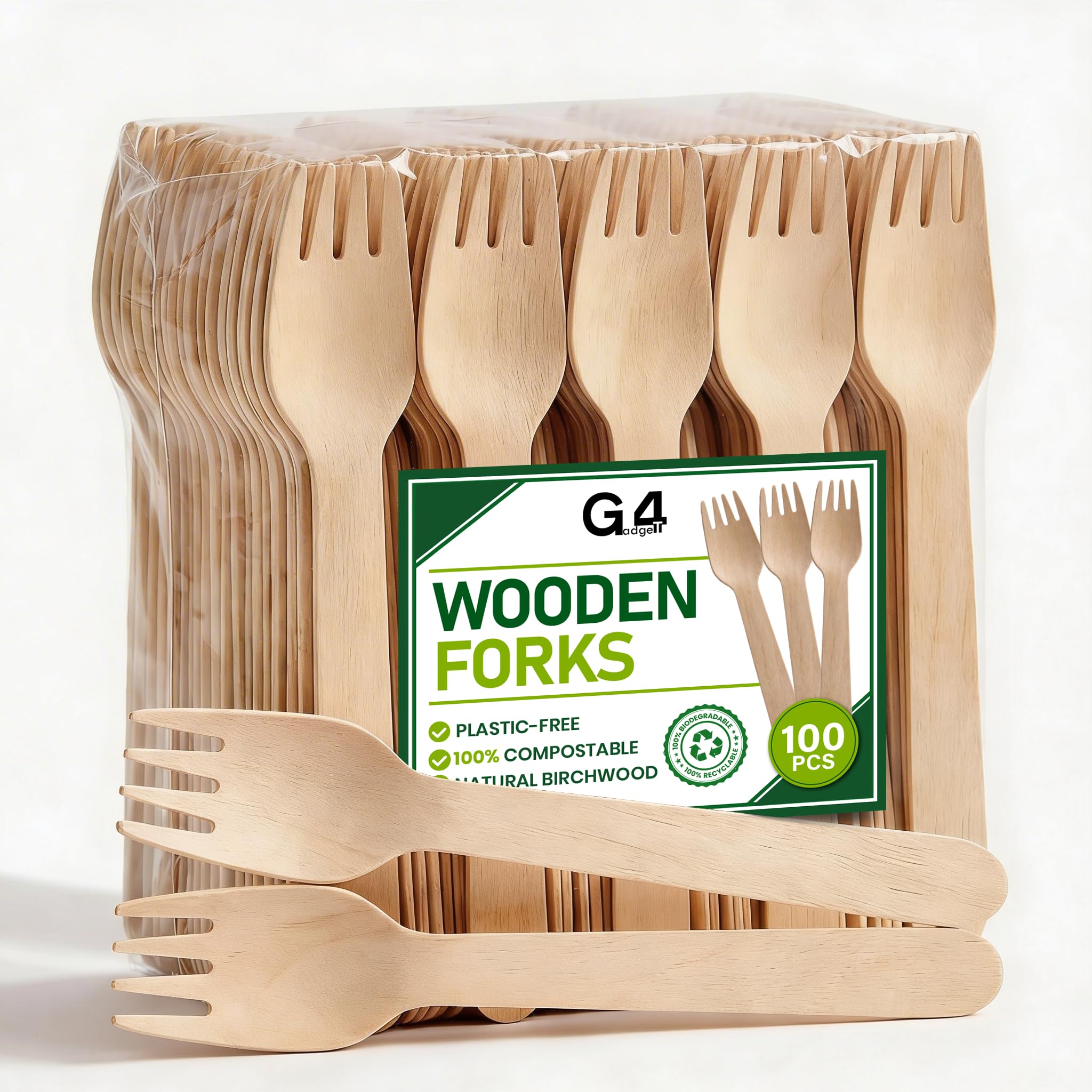 G4GADGET 100-Pack Wooden Forks - Durable, Splinter-Free Disposable Birch Wood Utensils
