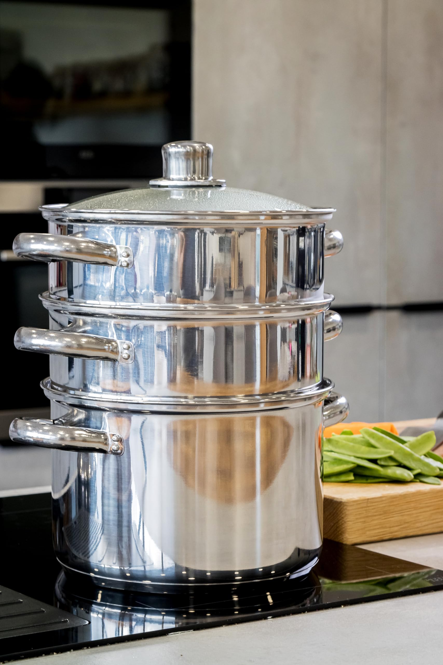 KitchenCraft Stainless Steel 3-Tier Food Steamer Pan | 22cm Diameter | 4.5L Stock Pot Base | Induction Compatible 9